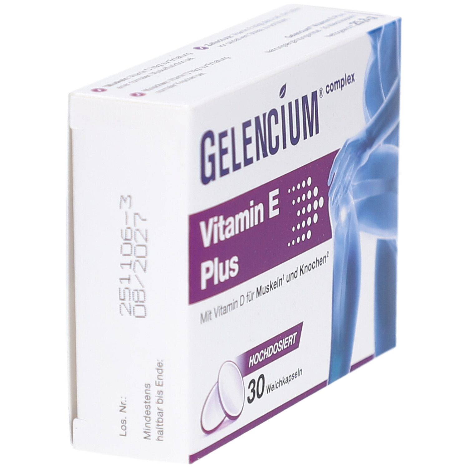 Seitenansicht der GELENCIUM Vitamin E Plus Schachtel. Aufdruck: Vitamin E Plus, Mindestens haltbar bis 08/2027.