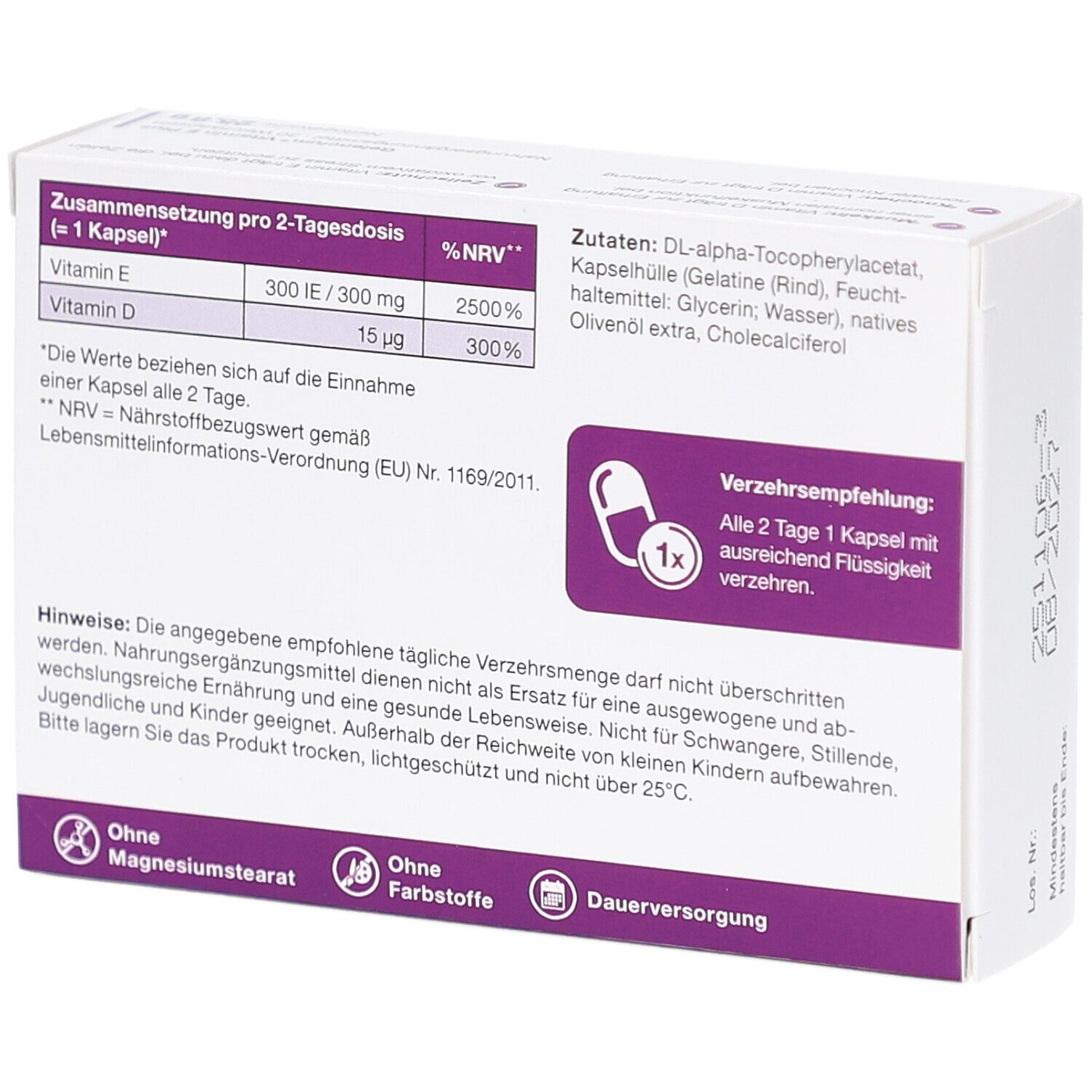 Rückseite der GELENCIUM Vitamin E Plus Schachtel. Auflistung der Inhaltsstoffe und Verzehrempfehlung: 1 Kapsel alle 2 Tage.