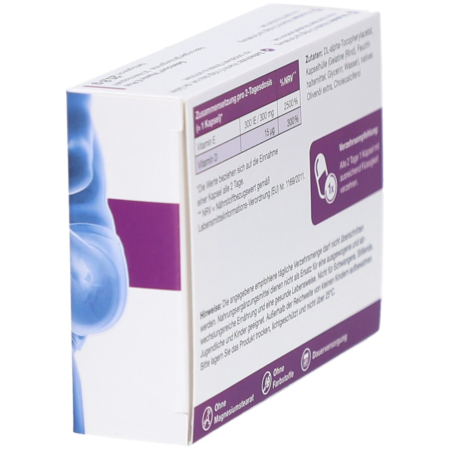 Seitenansicht der GELENCIUM Vitamin E Plus Schachtel. Aufdruck: Vitamin E Plus, Inhaltsstoffe und Verzehrempfehlung.