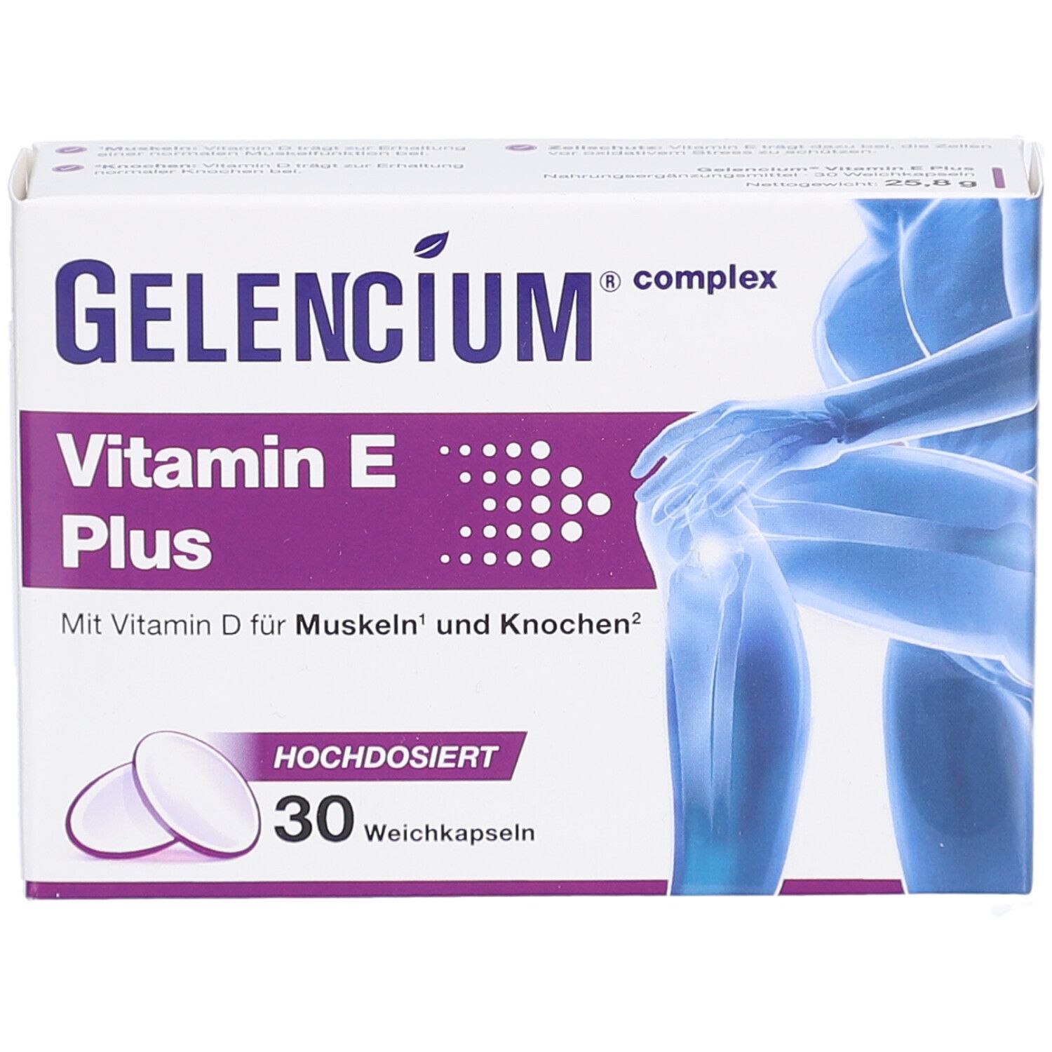Schachtel mit GELENCIUM Vitamin E Plus. Aufdruck: Vitamin E Plus, 30 Weichkapseln. Abbildung eines Knies und Kapseln.