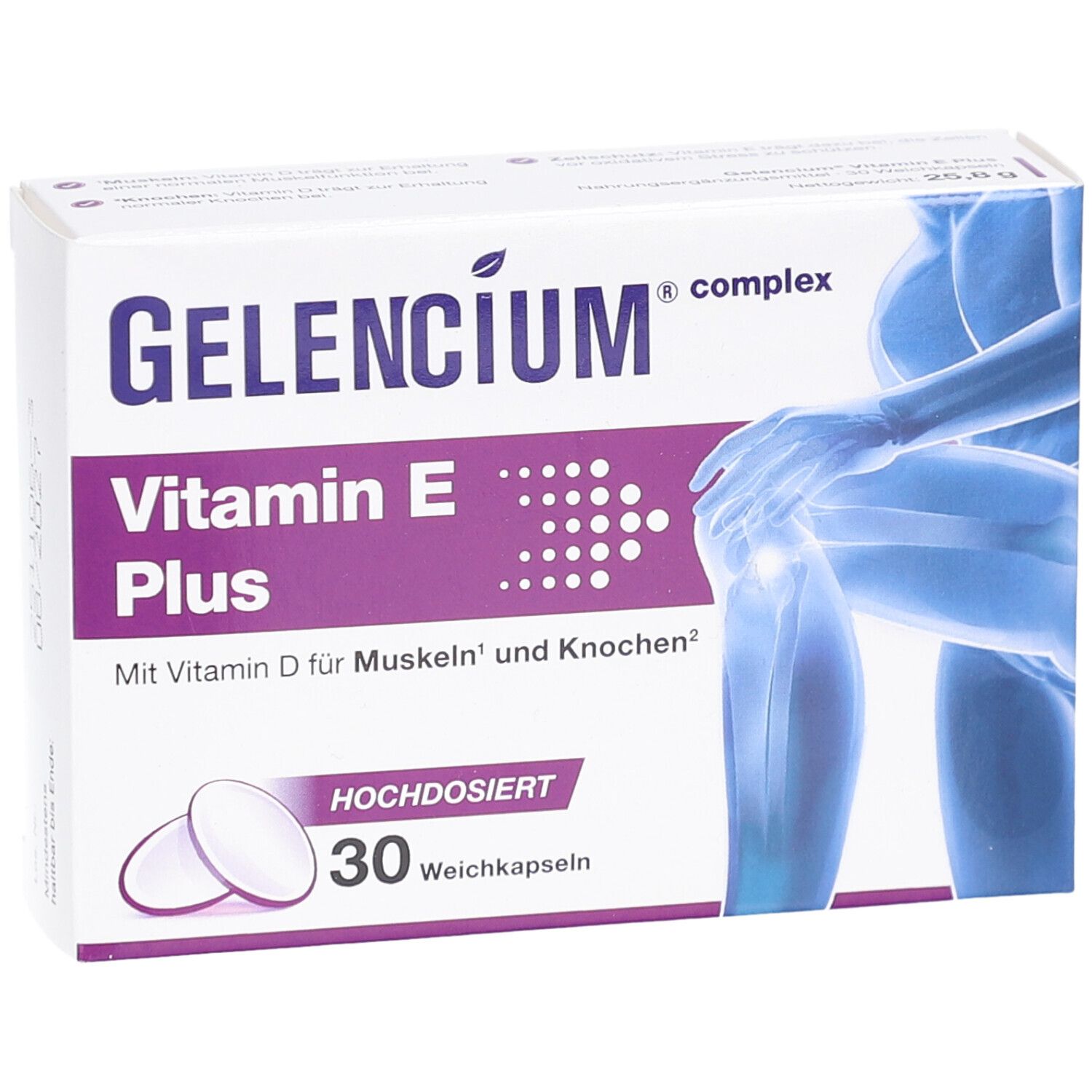 Schachtel mit GELENCIUM Vitamin E Plus. Aufdruck: Vitamin E Plus, 30 Weichkapseln. Abbildung eines Knies und Kapseln.