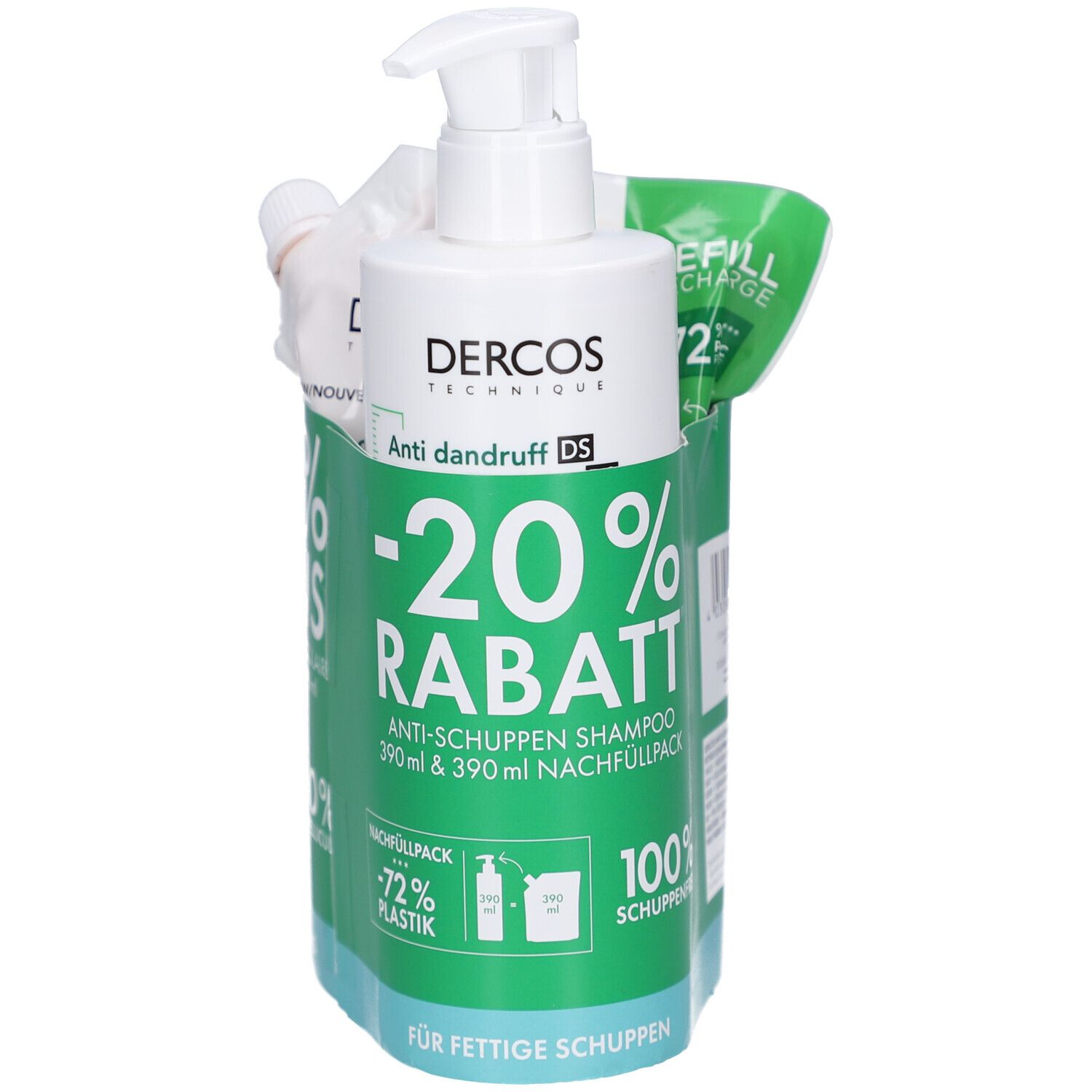 Shampoo-Set mit Flasche und Nachfüllpackung. Grüne Verpackung mit Rabatt-Aufdruck. Enthält Anti-Schuppen Shampoo.