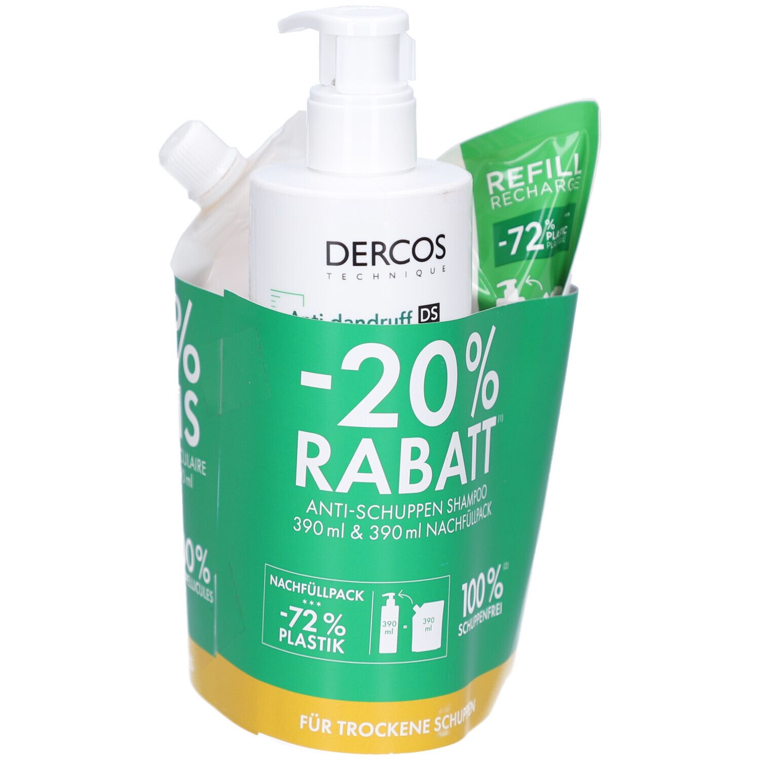Set mit Shampoo-Flasche, Nachfüllpackung und Beutel in grüner Verpackung. Aufdruck: -20% Rabatt, Anti-Schuppen Shampoo.