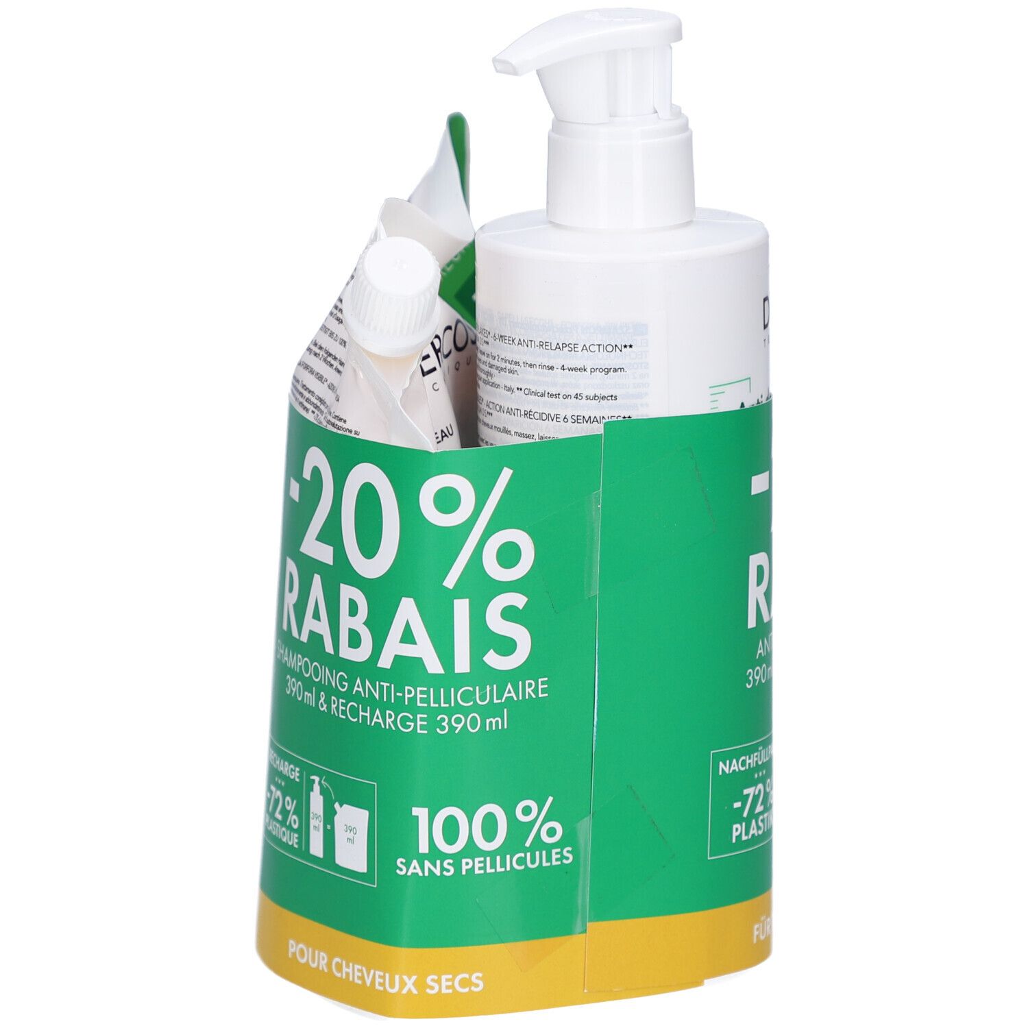 Set mit Shampoo-Flasche, Nachfüllpackung und Beutel in grüner Verpackung. Aufdruck: -20% Rabatt, Anti-Schuppen Shampoo.