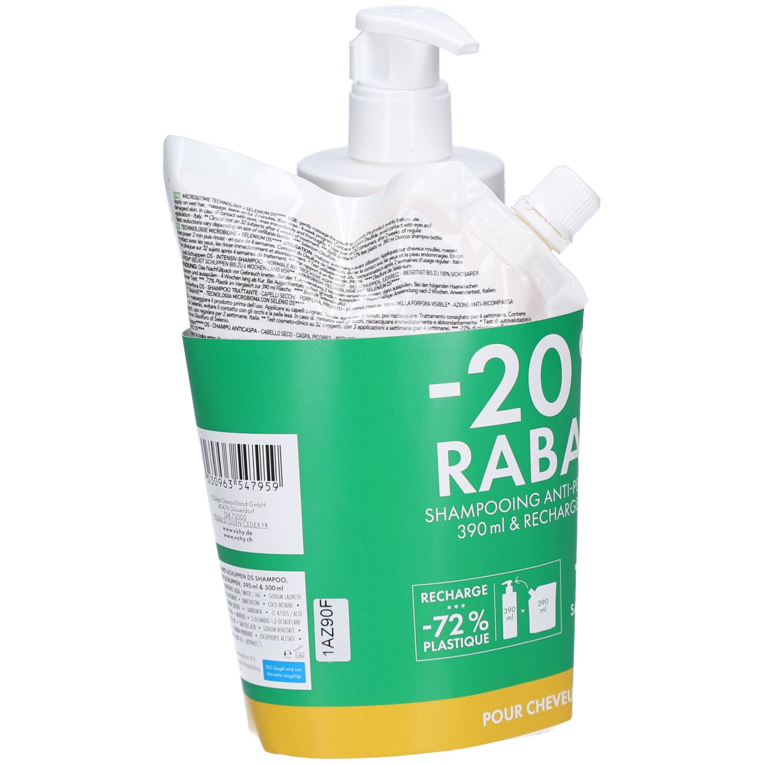 Set mit Shampoo-Flasche, Nachfüllpackung und Beutel in grüner Verpackung. Aufdruck: -20% Rabatt, Anti-Schuppen Shampoo.