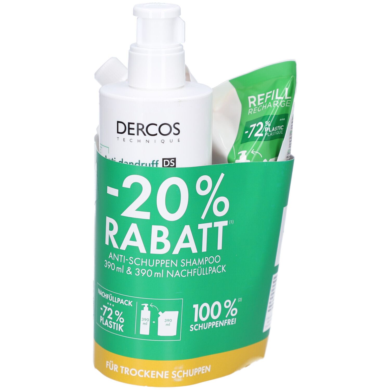 Set mit Shampoo-Flasche, Nachfüllpackung und Beutel in grüner Verpackung. Aufdruck: -20% Rabatt, Anti-Schuppen Shampoo.