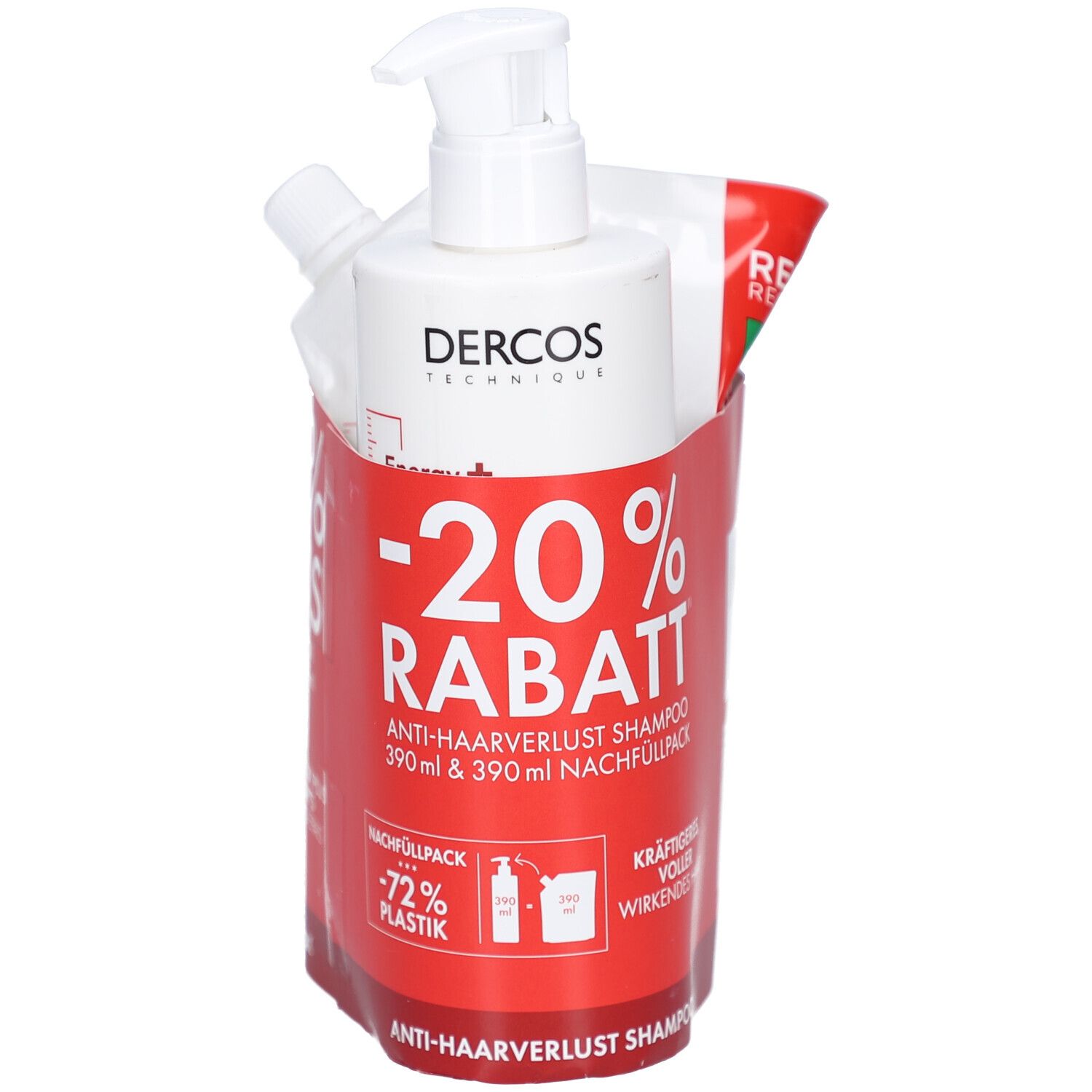 Set aus Shampoo-Flasche mit Pumpe, Nachfüllbeutel und roter Halterung mit Text. Aufschrift: -20% RABATT, Anti-Haarverlust Shampoo.