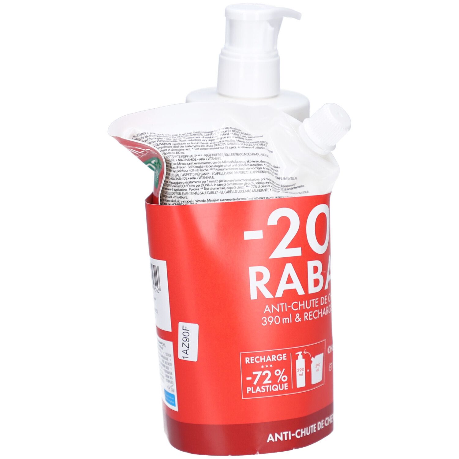 Set aus Shampoo-Flasche mit Pumpe, Nachfüllbeutel und roter Halterung. Text: -20% RABATT, Anti-Haarverlust Shampoo, Nachfüllpack.