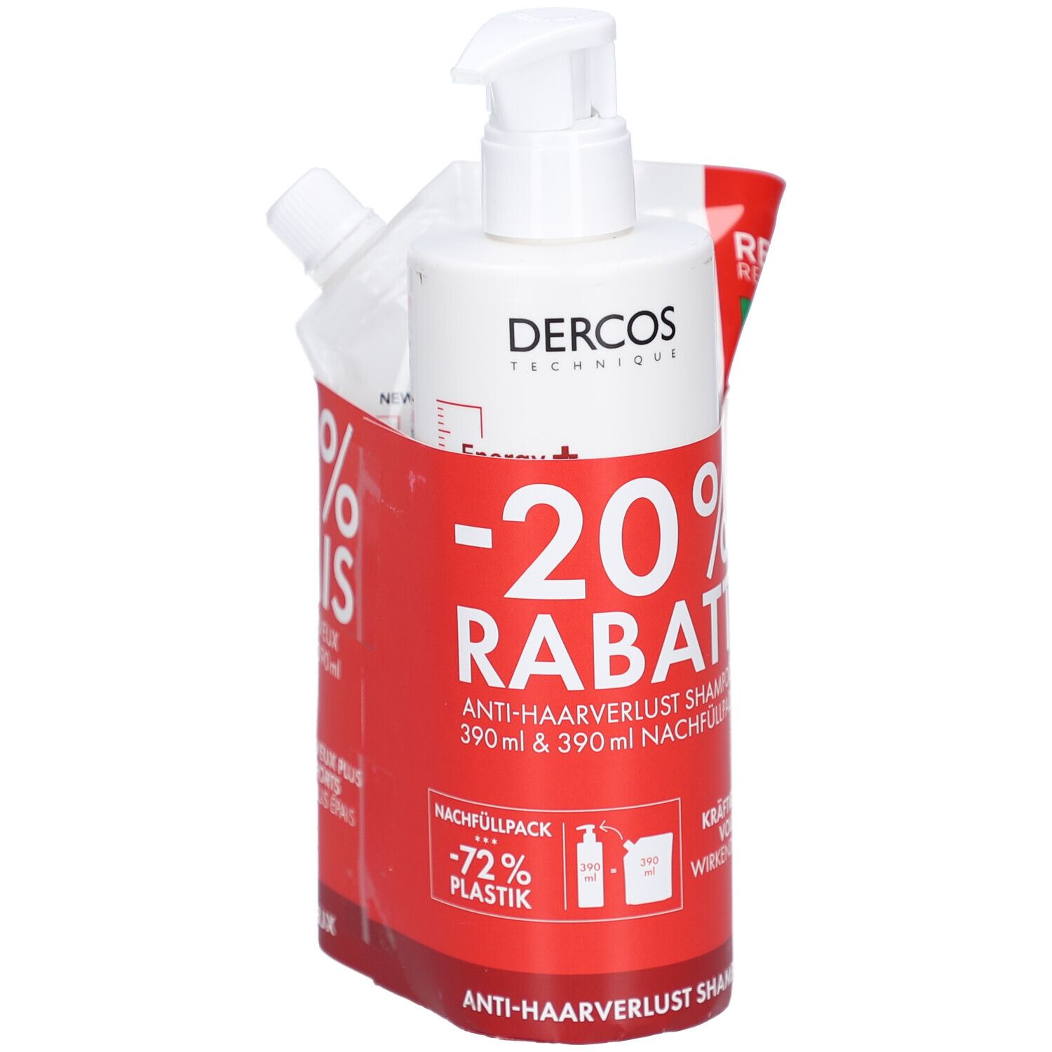 Set aus Shampoo-Flasche mit Pumpe, Nachfüllbeutel und roter Halterung. Text: -20% RABATT, Anti-Haarverlust Shampoo, Nachfüllpack.