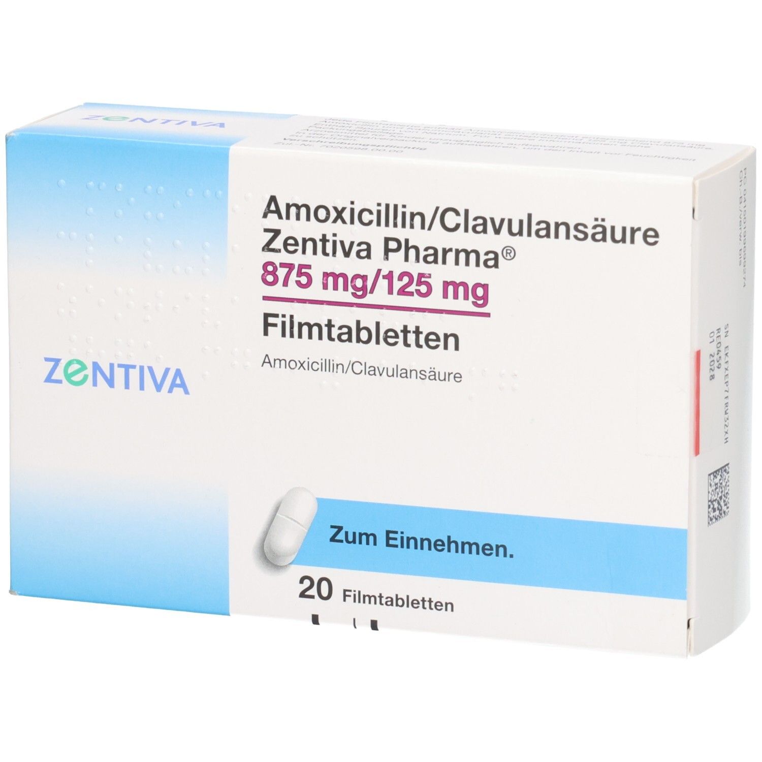 Packung Amoxicillin/Clavulansäure Zentiva Pharma 875 mg/125 mg Filmtabletten, 20 Stück.