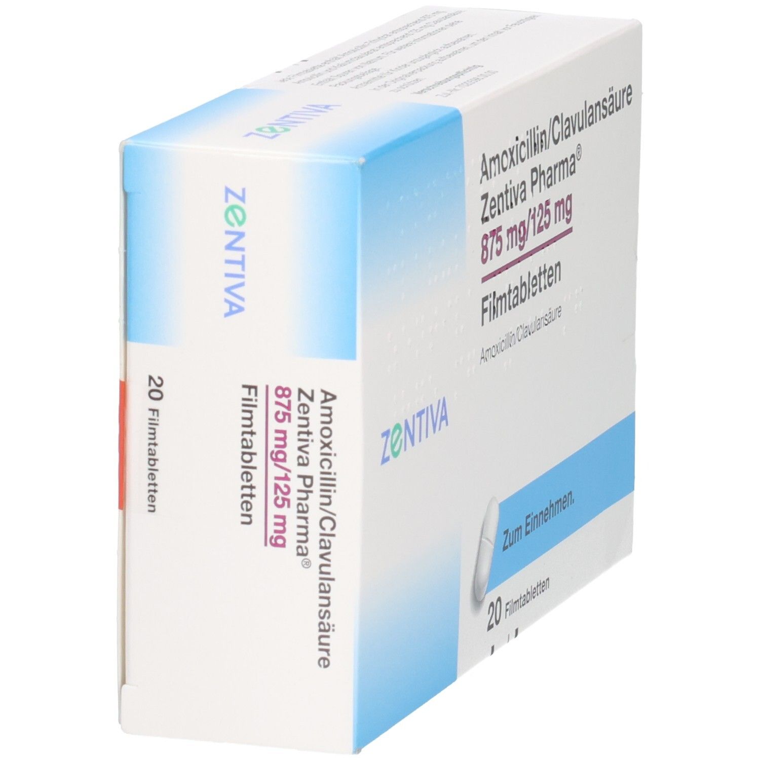 Seitenansicht der Packung Amoxicillin/Clavulansäure Zentiva Pharma 875 mg/125 mg Filmtabletten.