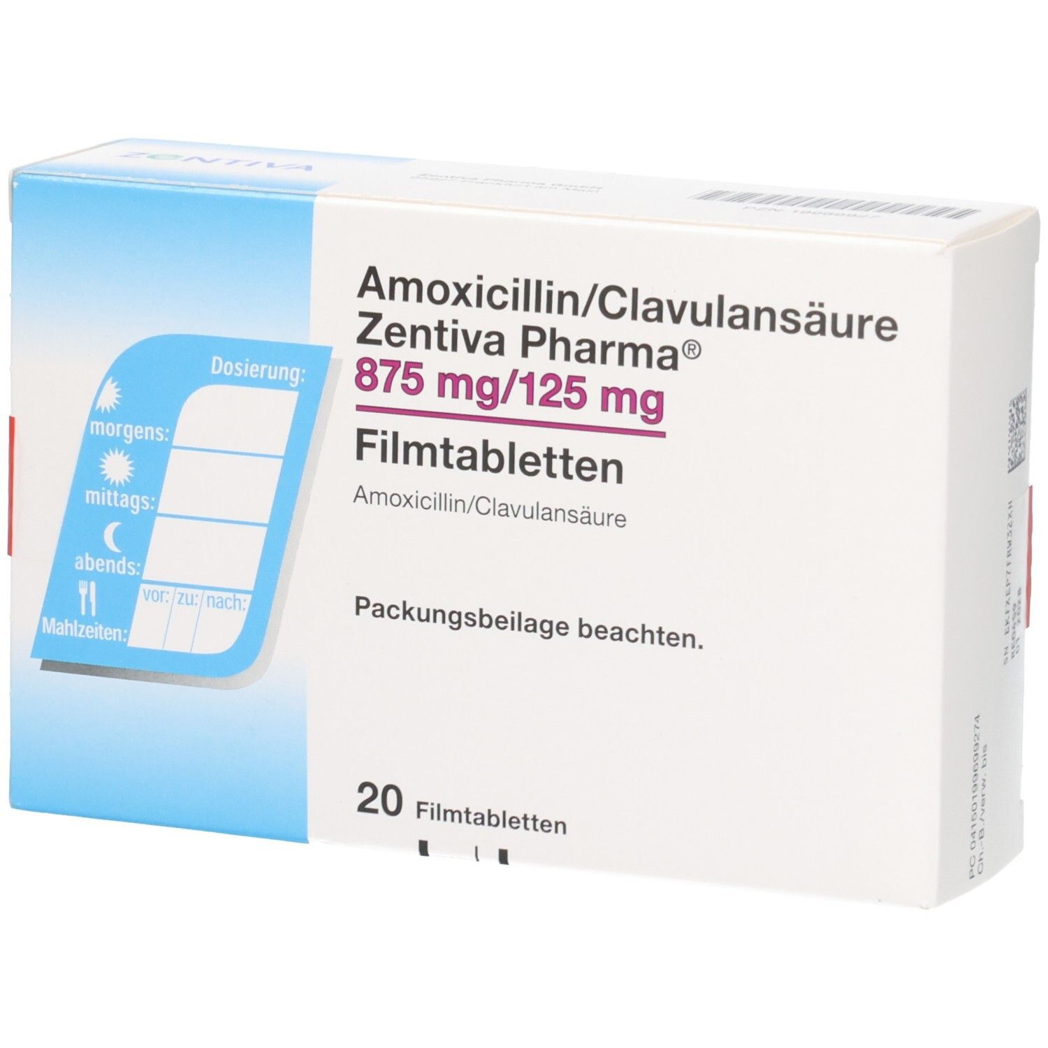 Packung Amoxicillin/Clavulansäure Zentiva Pharma 875 mg/125 mg Filmtabletten mit Dosierungshilfe.