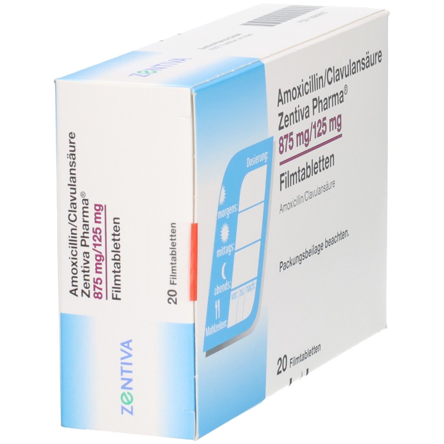 Seitenansicht der Packung Amoxicillin/Clavulansäure Zentiva Pharma 875 mg/125 mg mit Dosierungshilfe.