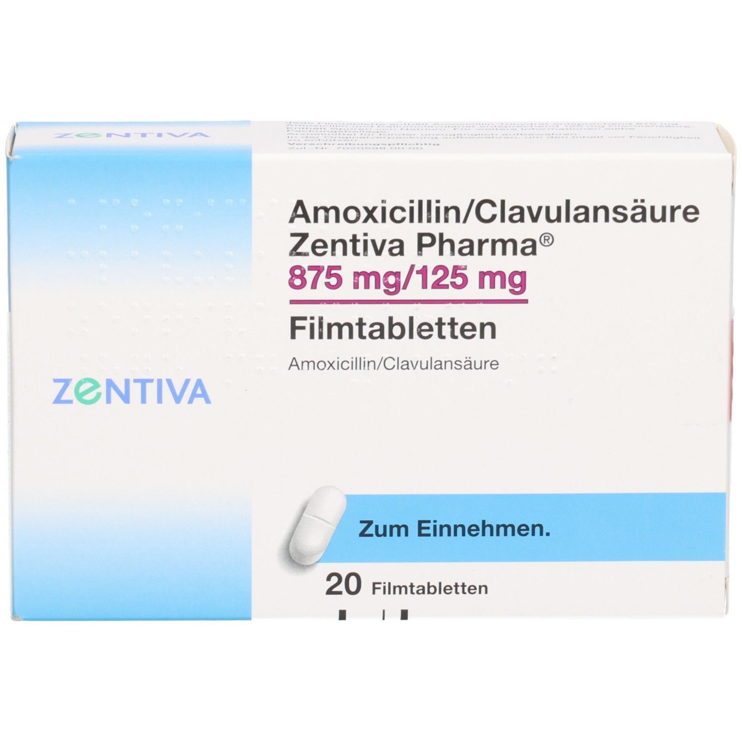 Packung Amoxicillin/Clavulansäure Zentiva Pharma 875 mg/125 mg Filmtabletten, 20 Stück, eine Tablette sichtbar.