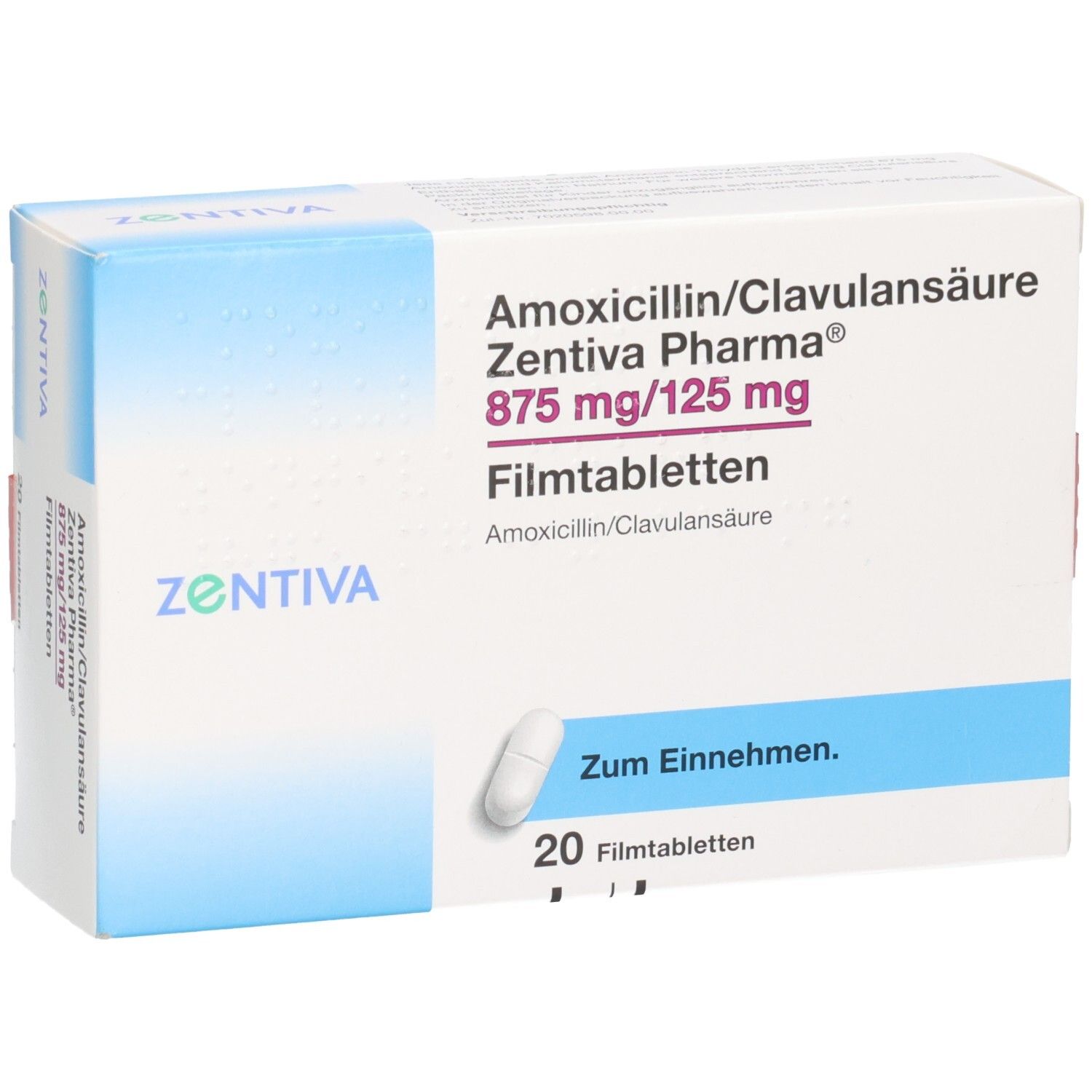 Packung Amoxicillin/Clavulansäure Zentiva Pharma 875 mg/125 mg Filmtabletten, 20 Stück, eine Tablette sichtbar.