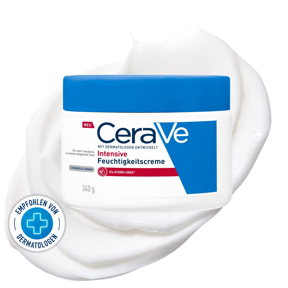 Weißer Tiegel mit blauem Deckel. Aufschrift: CeraVe Intensive Feuchtigkeitspflege. Empfohlen von Dermatologen.