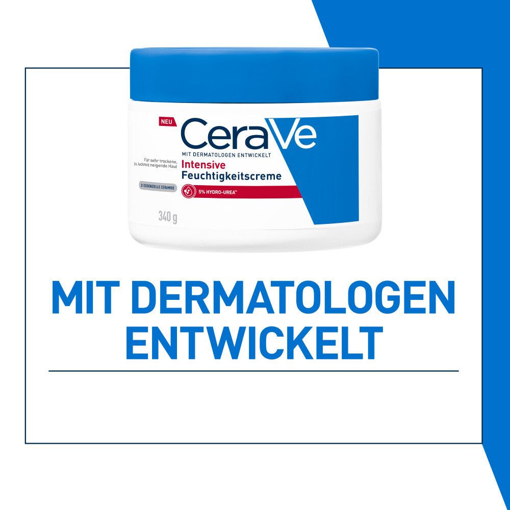 Weißer Tiegel mit blauem Deckel. Aufschrift: CeraVe Intensive Feuchtigkeitspflege. Text: Mit Dermatologen entwickelt.