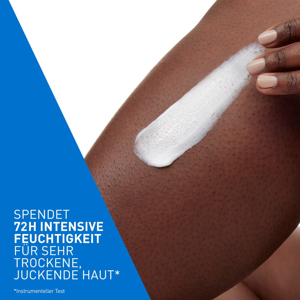 Person trägt Creme auf das Bein auf. Text: Spendet 72h intensive Feuchtigkeit für sehr trockene, juckende Haut.