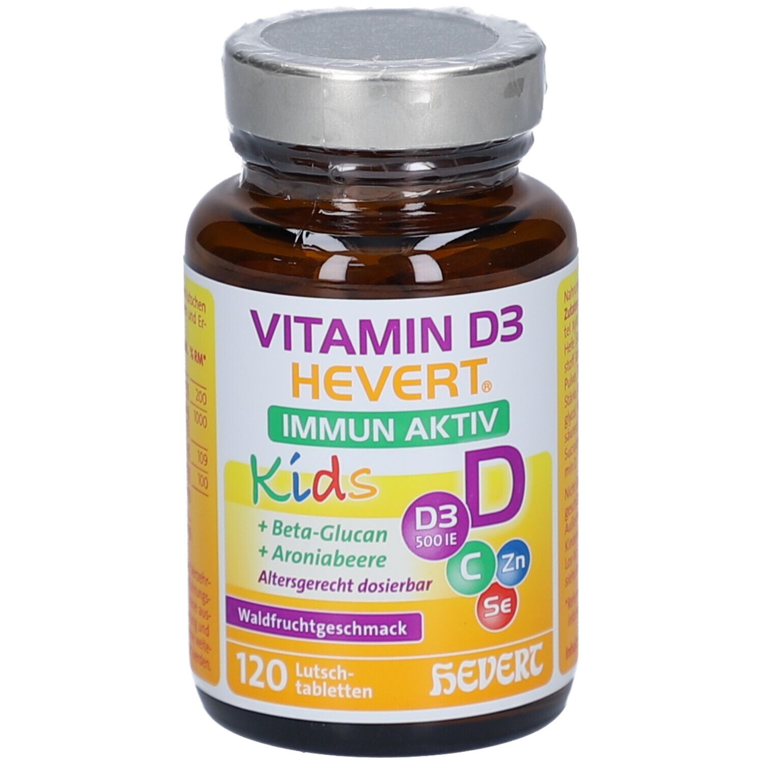 Braune Glasflasche mit Vitamin D3 HEVERT Immun Aktiv Kids Lutschtabletten. Gelbes Etikett mit Produktinformationen und Logo.