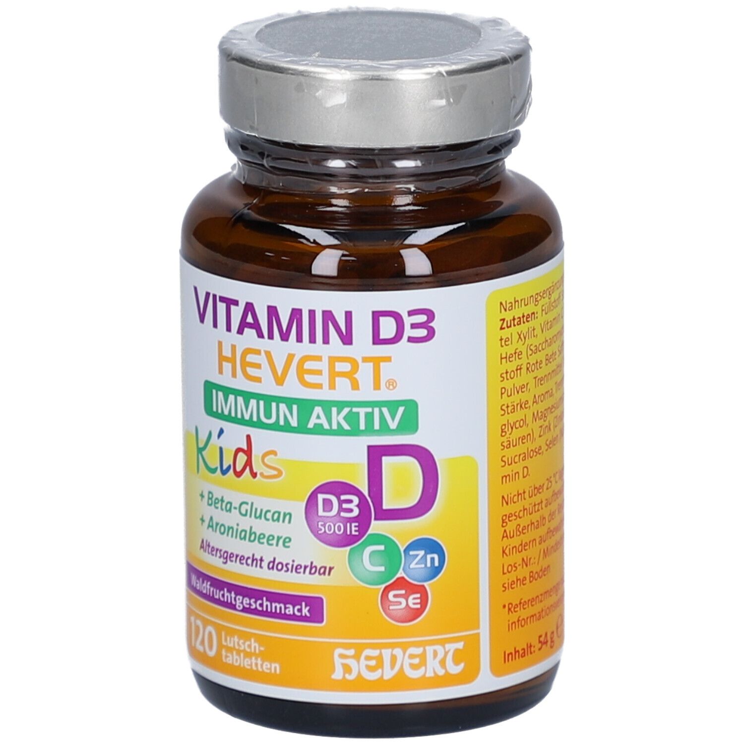 Braune Glasflasche mit Vitamin D3 HEVERT Immun Aktiv Kids Lutschtabletten. Gelbes Etikett mit Produktinformationen und Logo.