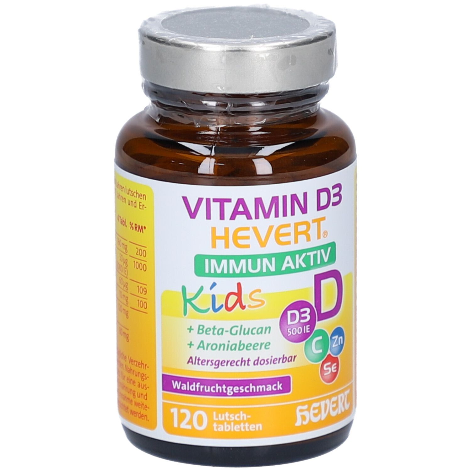 Braune Glasflasche mit Vitamin D3 HEVERT Immun Aktiv Kids. Gelbes Etikett mit Produktinformationen und Logo.
