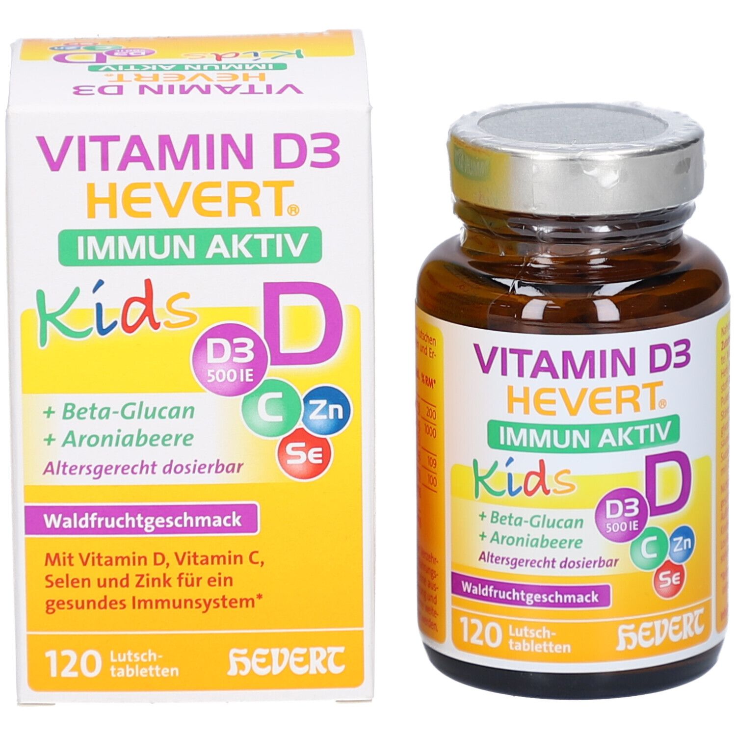 Vitamin D3 HEVERT Immun Aktiv Kids Flasche und Schachtel. Gelbe Verpackung mit Produktinformationen und Logo.