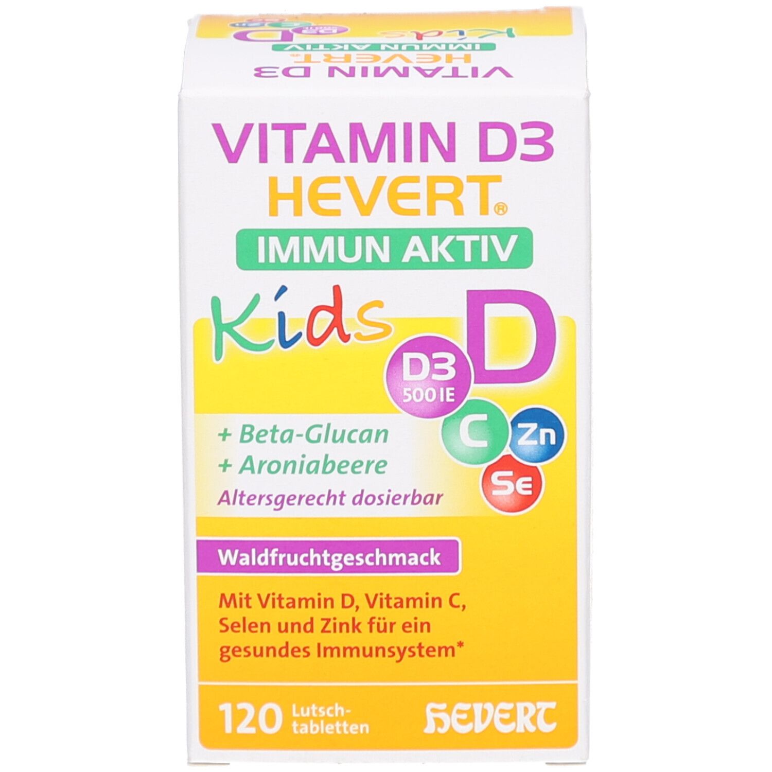 Vitamin D3 HEVERT Immun Aktiv Kids Schachtel. Gelbe Verpackung mit Produktinformationen und Logo.