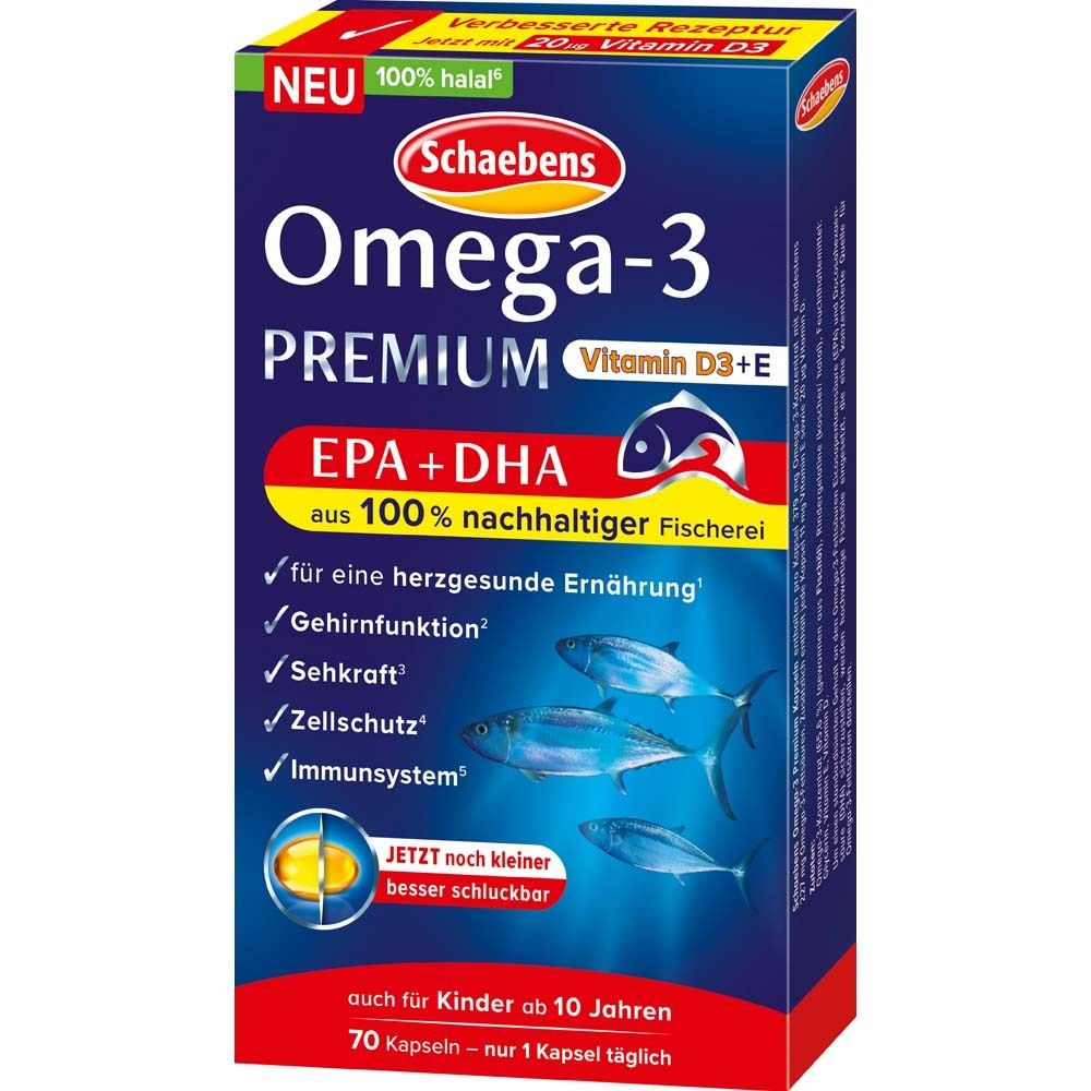 Blau-weiße Schachtel mit Schaebens Omega-3 Premium. Enthält Vitamin D3+E, EPA+DHA. Mit Fisch-Illustration.