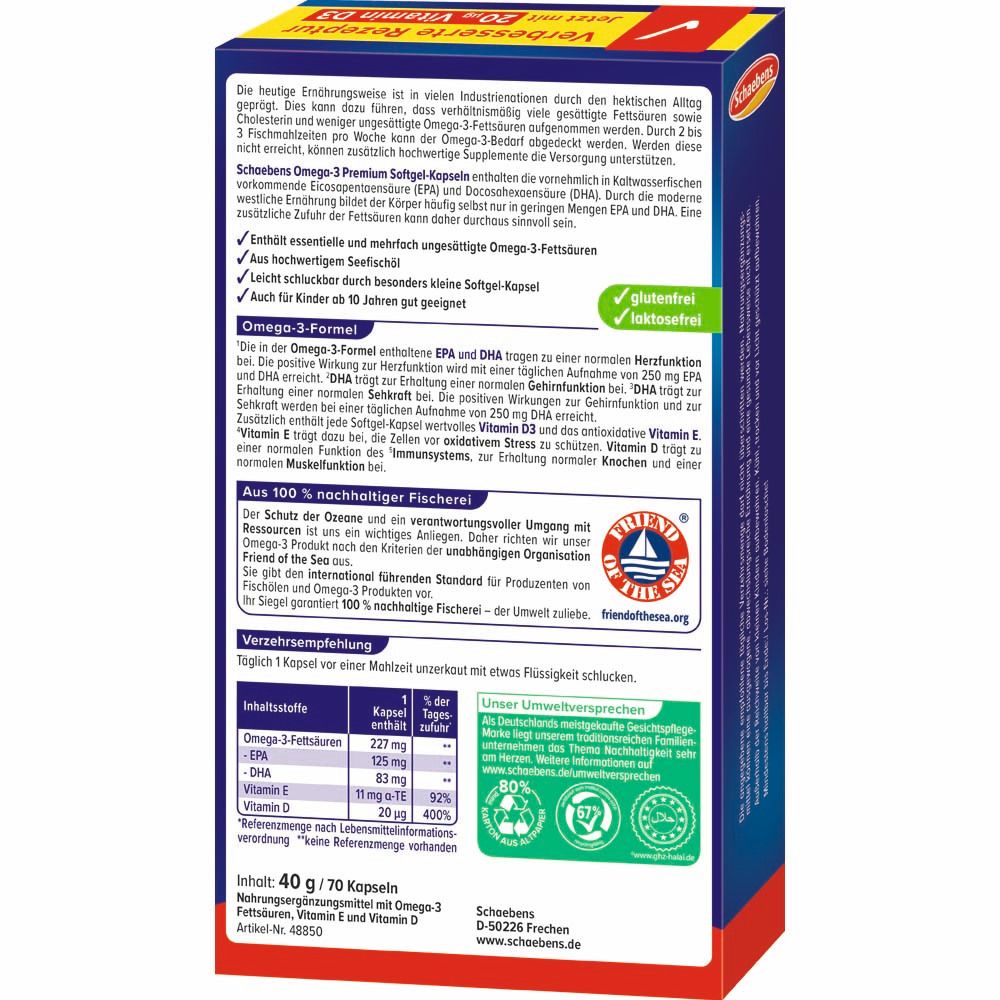 Rückseite der Schaebens Omega-3 Premium Packung. Enthält Informationen zu Inhaltsstoffen und Nährwerten. Mit Zertifizierungen.