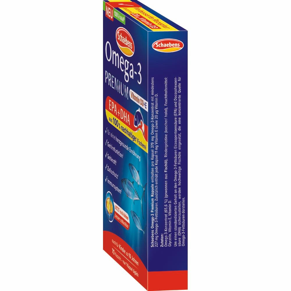 Schachtel Schaebens Omega-3 Premium, Seitenansicht. Enthält Vitamin D3+E, EPA+DHA. Mit Fisch-Illustration.