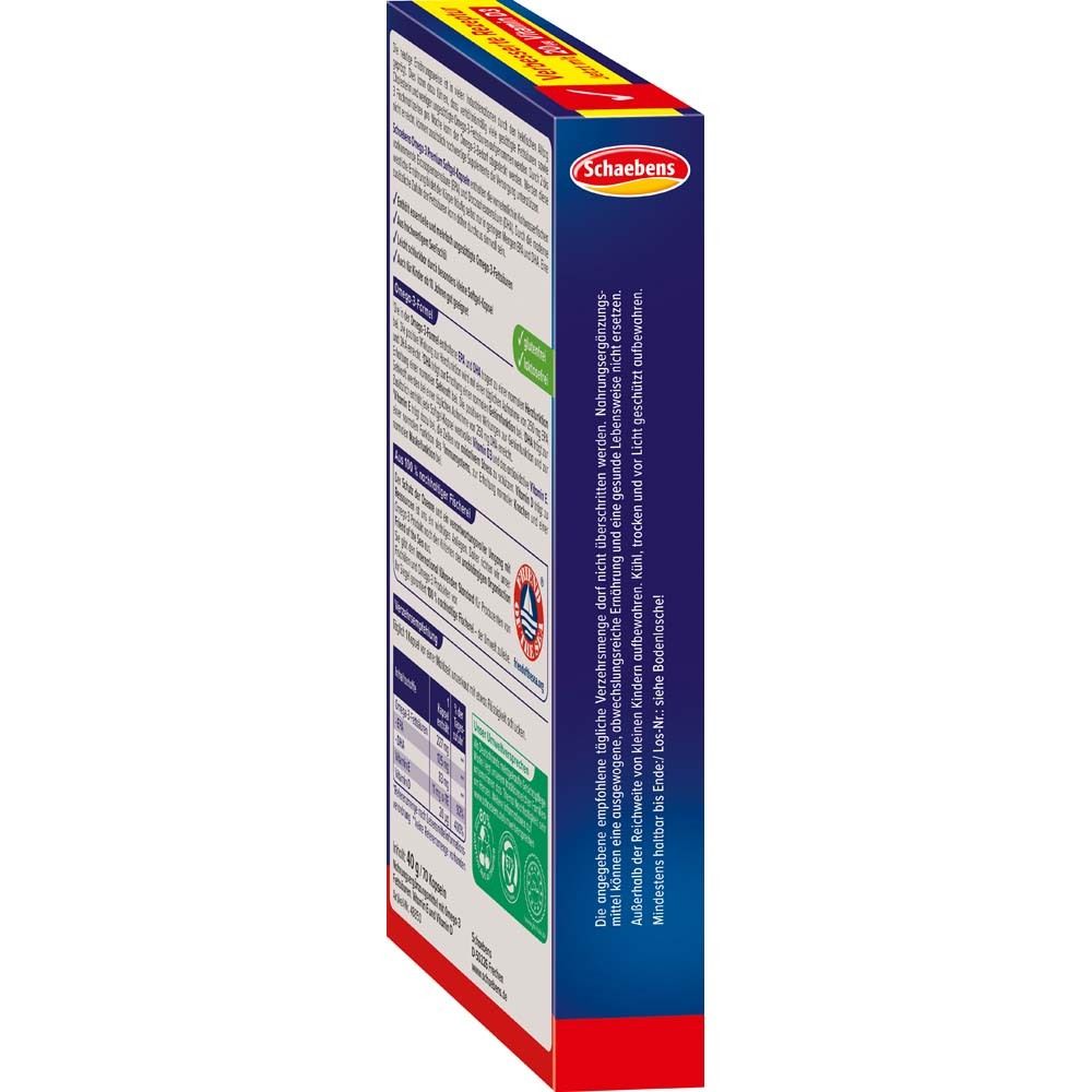 Seitenansicht der Schaebens Omega-3 Premium Packung. Textliche Informationen und Zertifizierungen.
