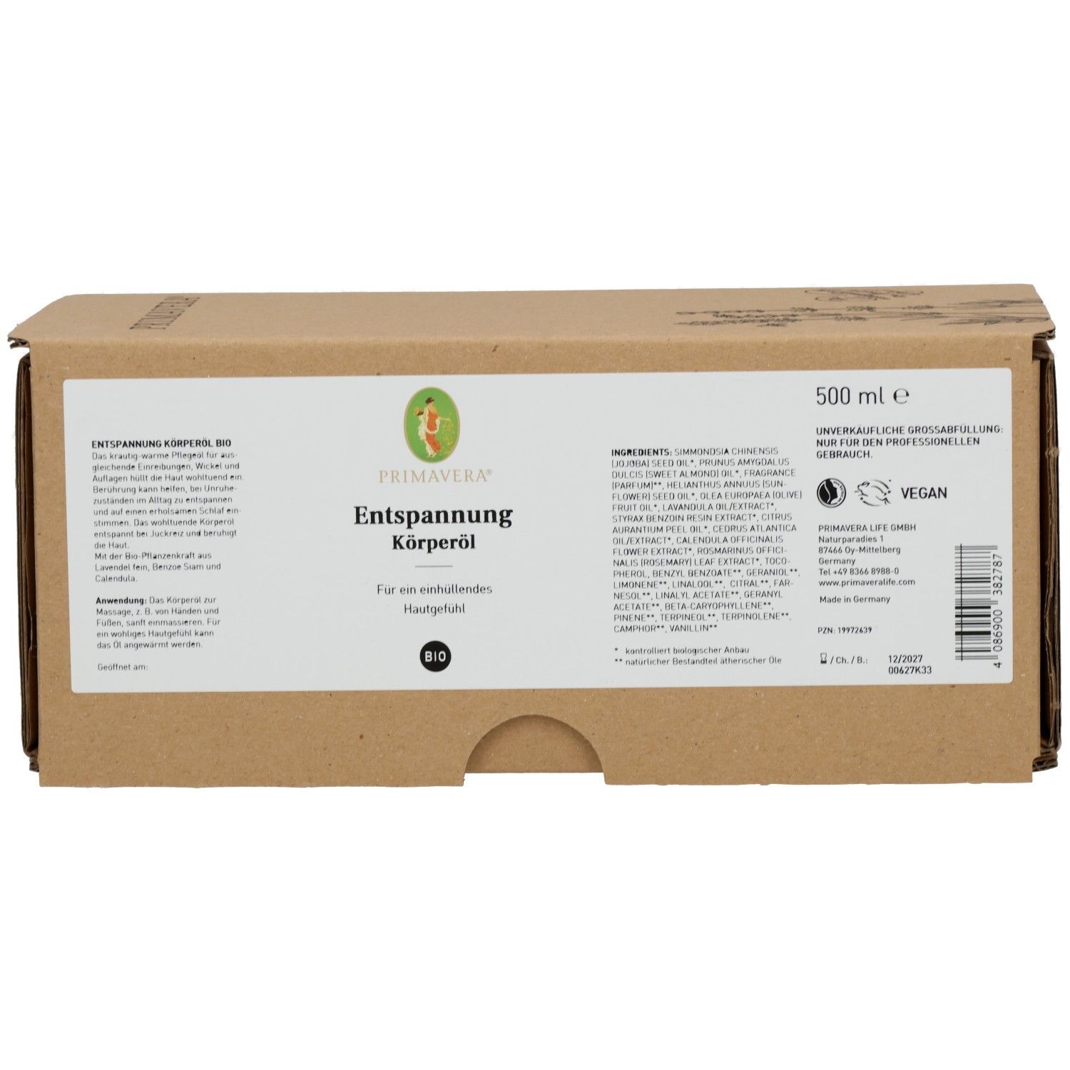 Brauner Karton mit Produktbeschriftung. PRIMAVERA Entspannung Körperöl bio. 500 ml. Vegan-Siegel.