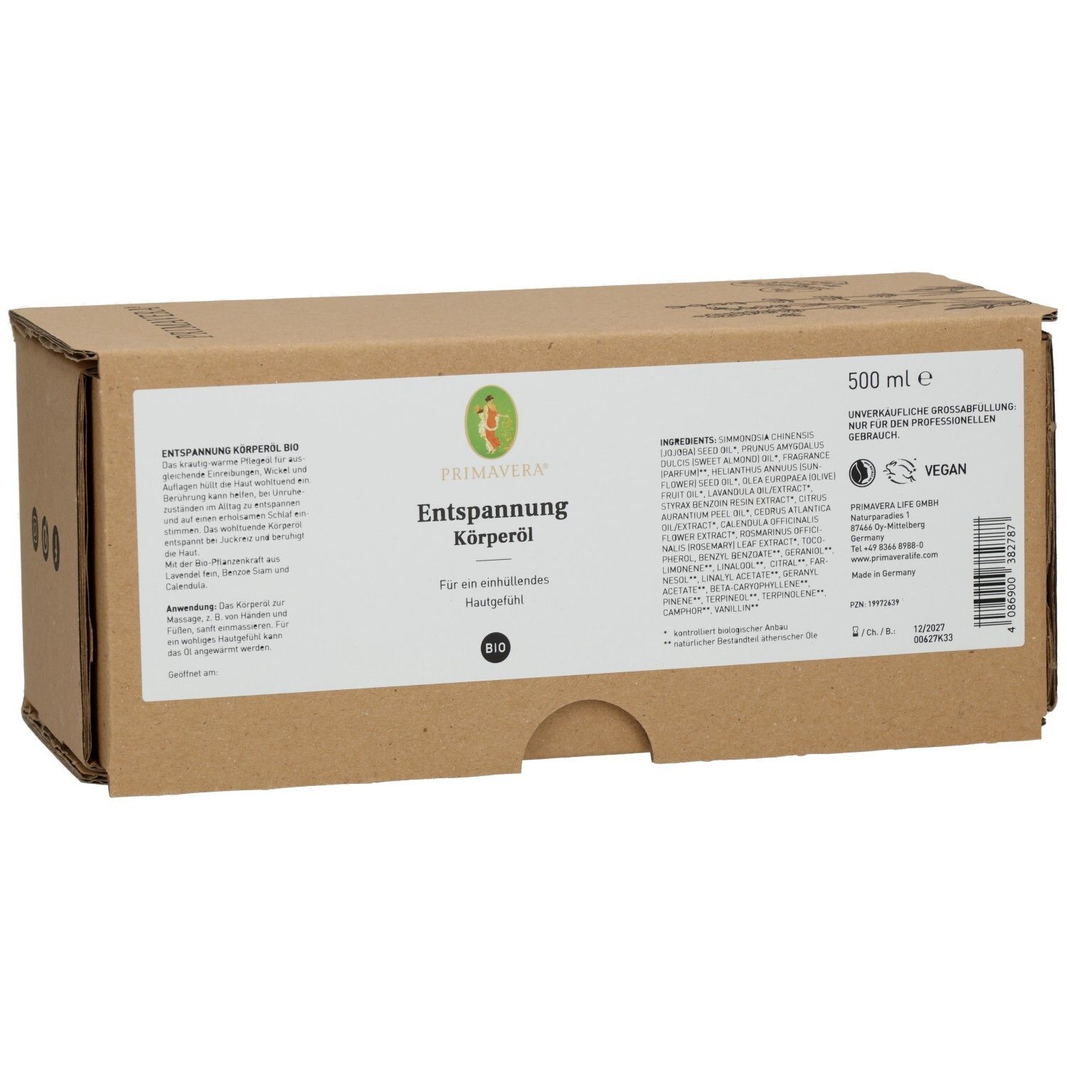 Brauner Karton mit Produktbeschriftung. PRIMAVERA Entspannung Körperöl bio. 500 ml. Vegan-Siegel.