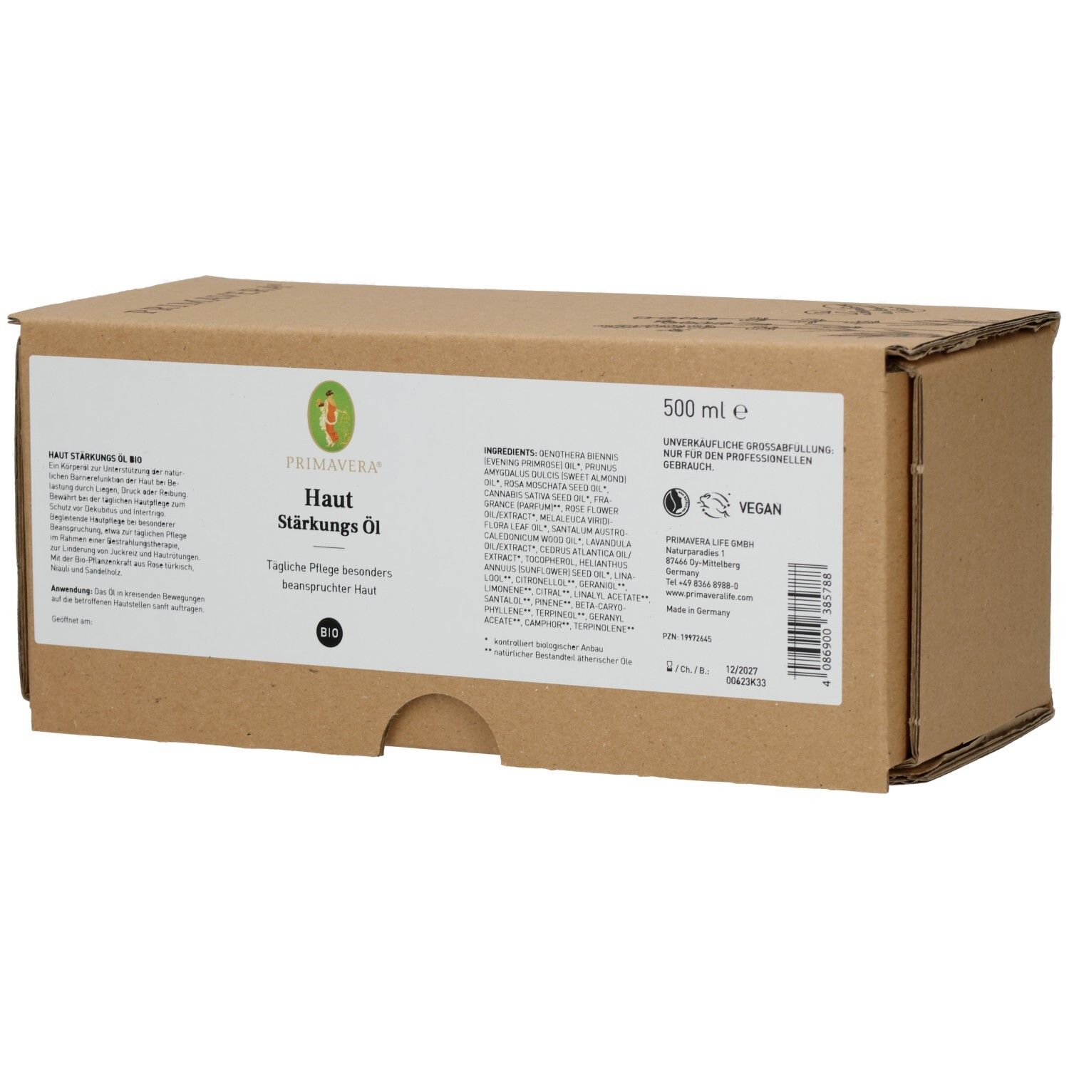 Brauner Karton mit Produktinformationen. PRIMAVERA® Haut Stärkungs Öl bio. Vegan-Siegel. 500 ml.