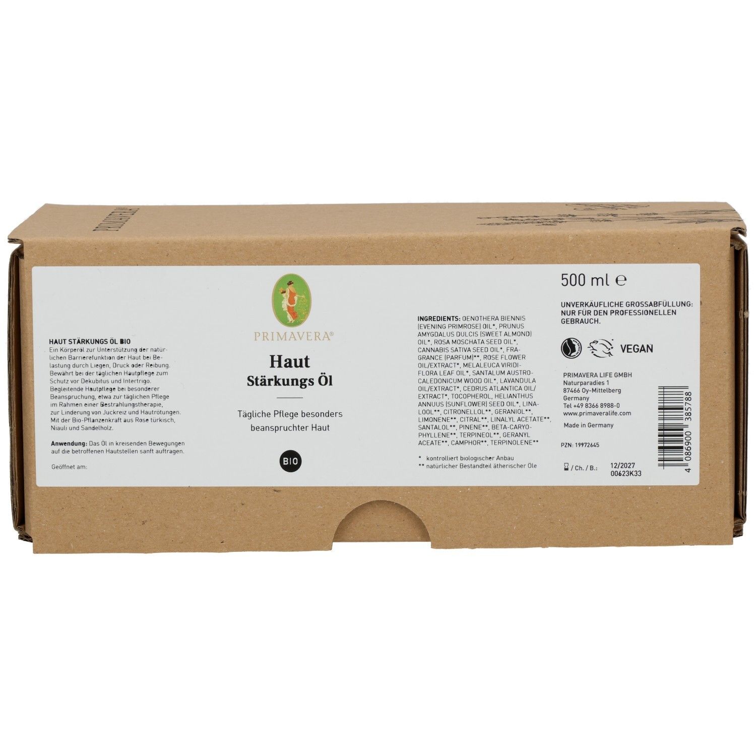 Braune Kartonverpackung mit Produktinformationen. PRIMAVERA® Haut Stärkungs Öl bio. Vegan-Siegel. 500 ml.