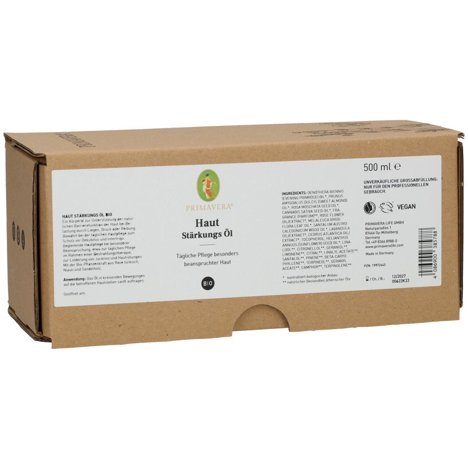 Braune Kartonverpackung mit Produktinformationen. PRIMAVERA® Haut Stärkungs Öl bio. Vegan-Siegel. 500 ml.