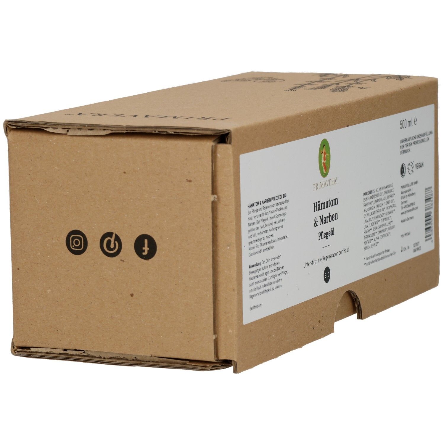 Braune Pappverpackung mit Produktinformationen. Aufschrift: HÄMATOM & Narben Pflegeöl Bio. Social-Media-Icons.