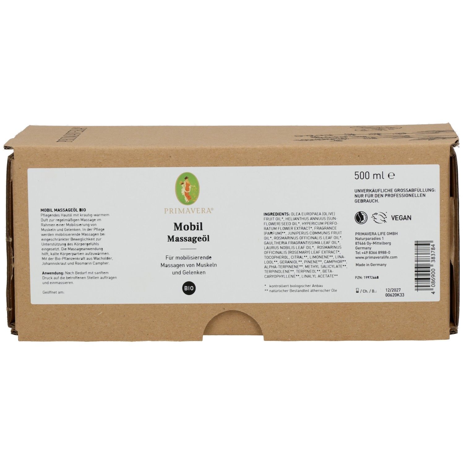 Braune Kartonverpackung mit Produktinformationen. Aufschrift: PRIMAVERA Mobil Massageöl bio. Vegan-Siegel. 500 ml.