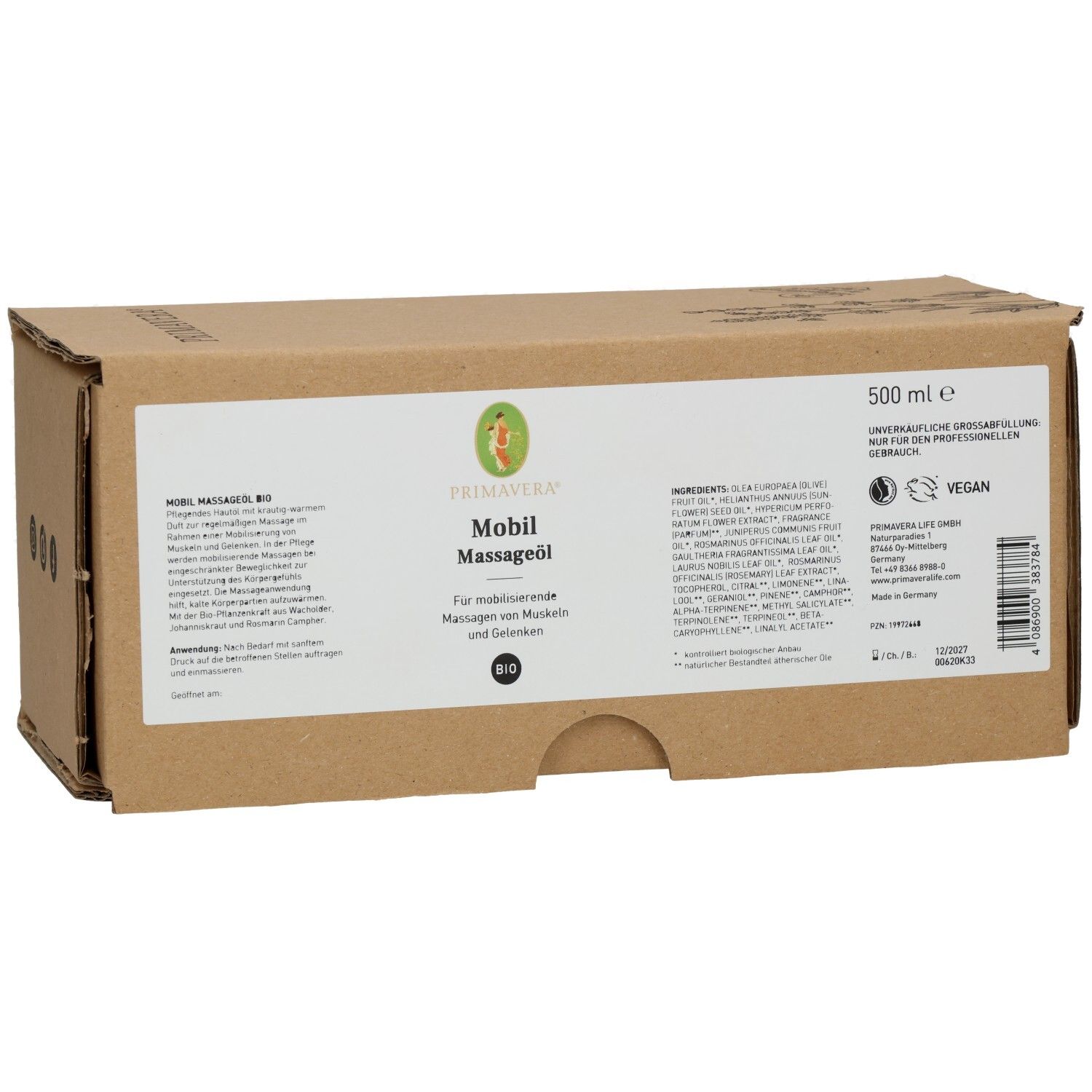 Braune Kartonverpackung mit Produktinformationen. Aufschrift: PRIMAVERA Mobil Massageöl bio. Vegan-Siegel. 500 ml.