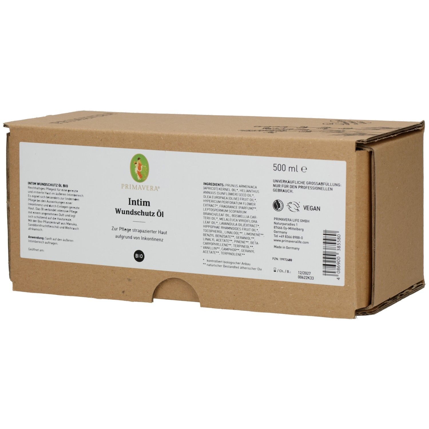 Braune Kartonverpackung mit Produktinformationen. Aufschrift: INTIM WUNDSCHUTZÖL Bio. Vegan-Siegel. 500 ml.