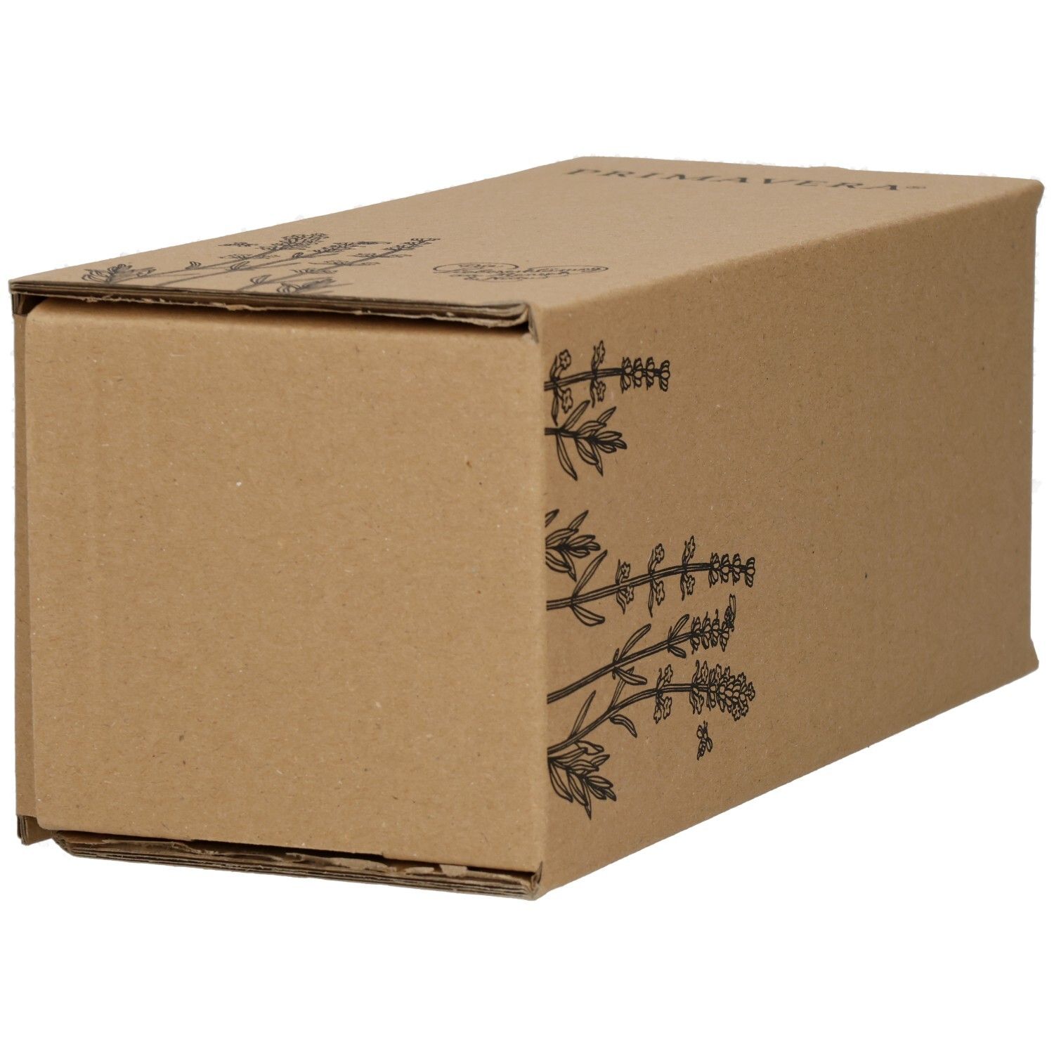 Braune Kartonverpackung mit floralem Muster. Keine Produktbezeichnung sichtbar.