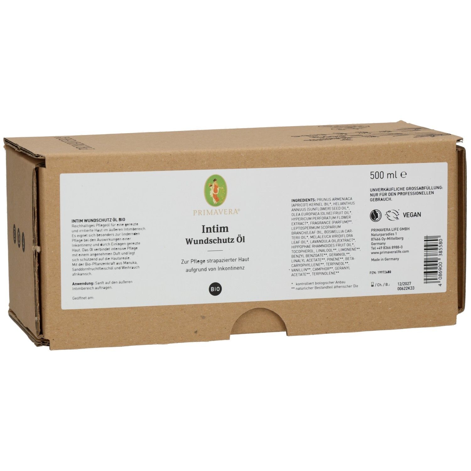 Braune Kartonverpackung mit Produktinformationen. Aufschrift: INTIM WUNDSCHUTZÖL Bio. Vegan-Siegel. 500 ml.