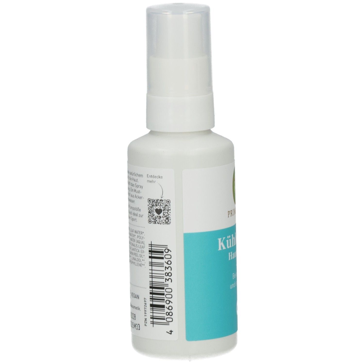 Weiße Sprühflasche. Rückseite mit Text und Barcode. Text: 4 086900 383609. QR-Code. Etikett mit Inhaltsstoffen.