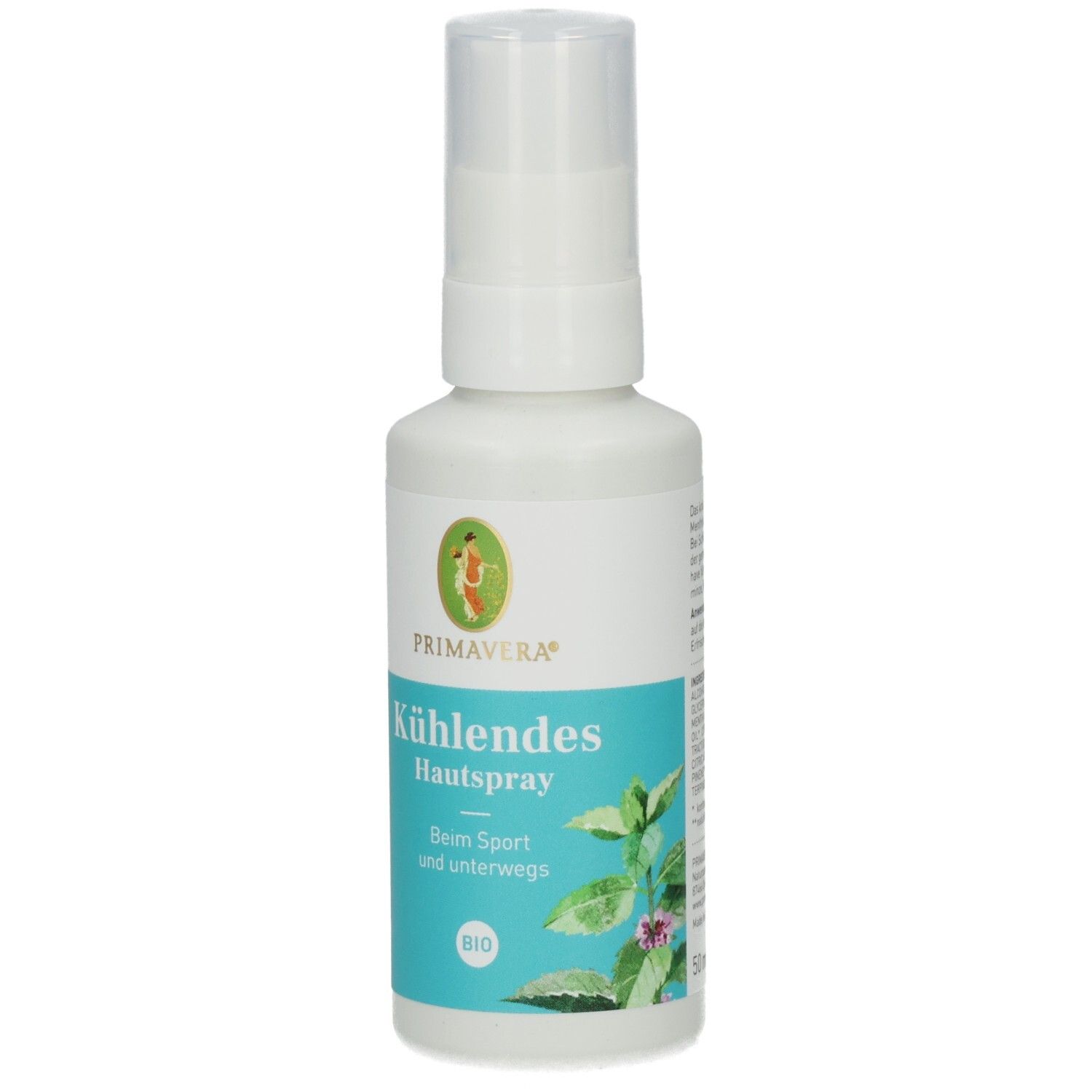 Weiße Sprühflasche mit blauem Etikett. Text: KÜHLENDES Hautspray Bio. Logo: Primavera. Grün-rotes Logo. Bio-Siegel.