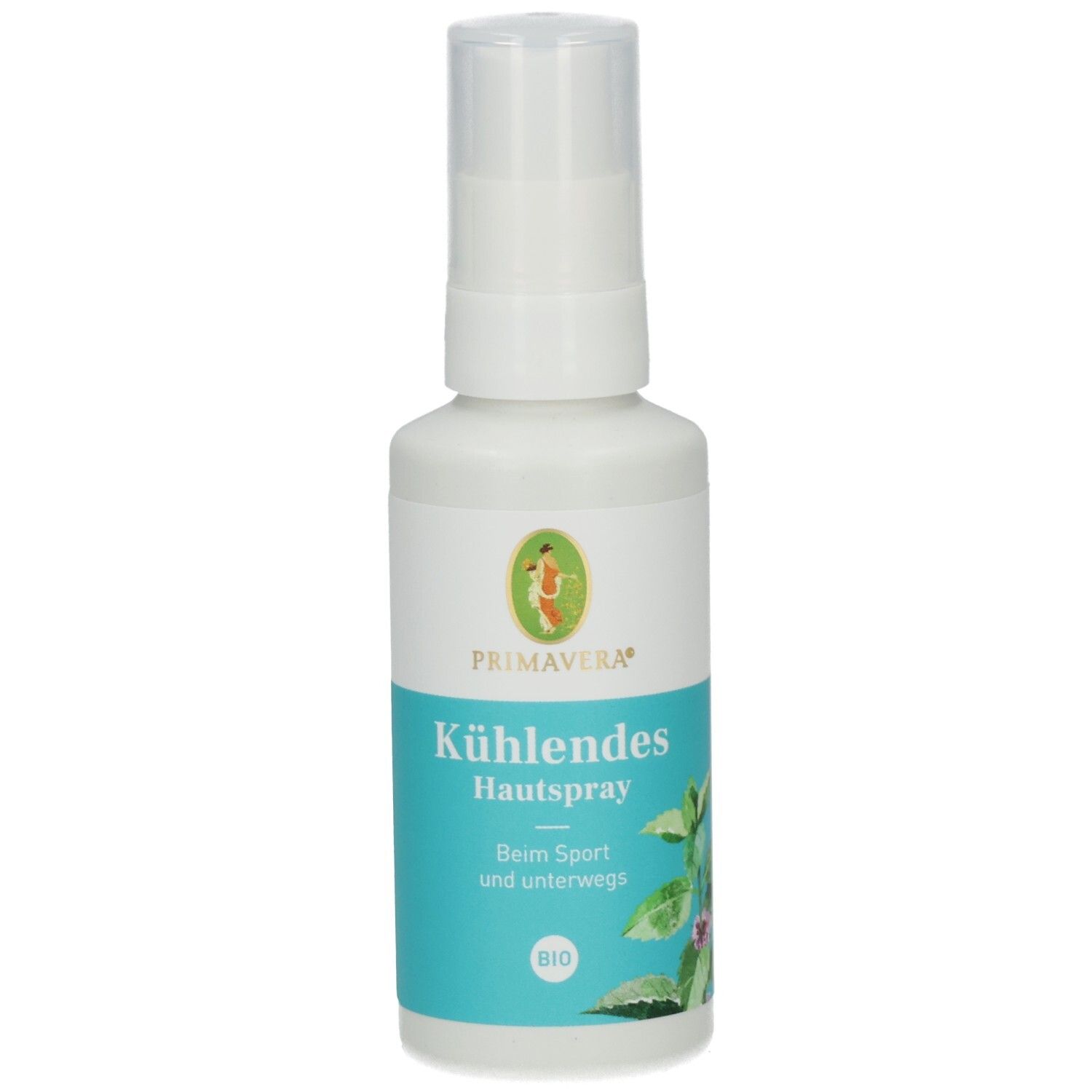 Weiße Sprühflasche mit blauem Etikett. Text: KÜHLENDES Hautspray Bio. Logo: Primavera. Grün-rotes Logo. Bio-Siegel.