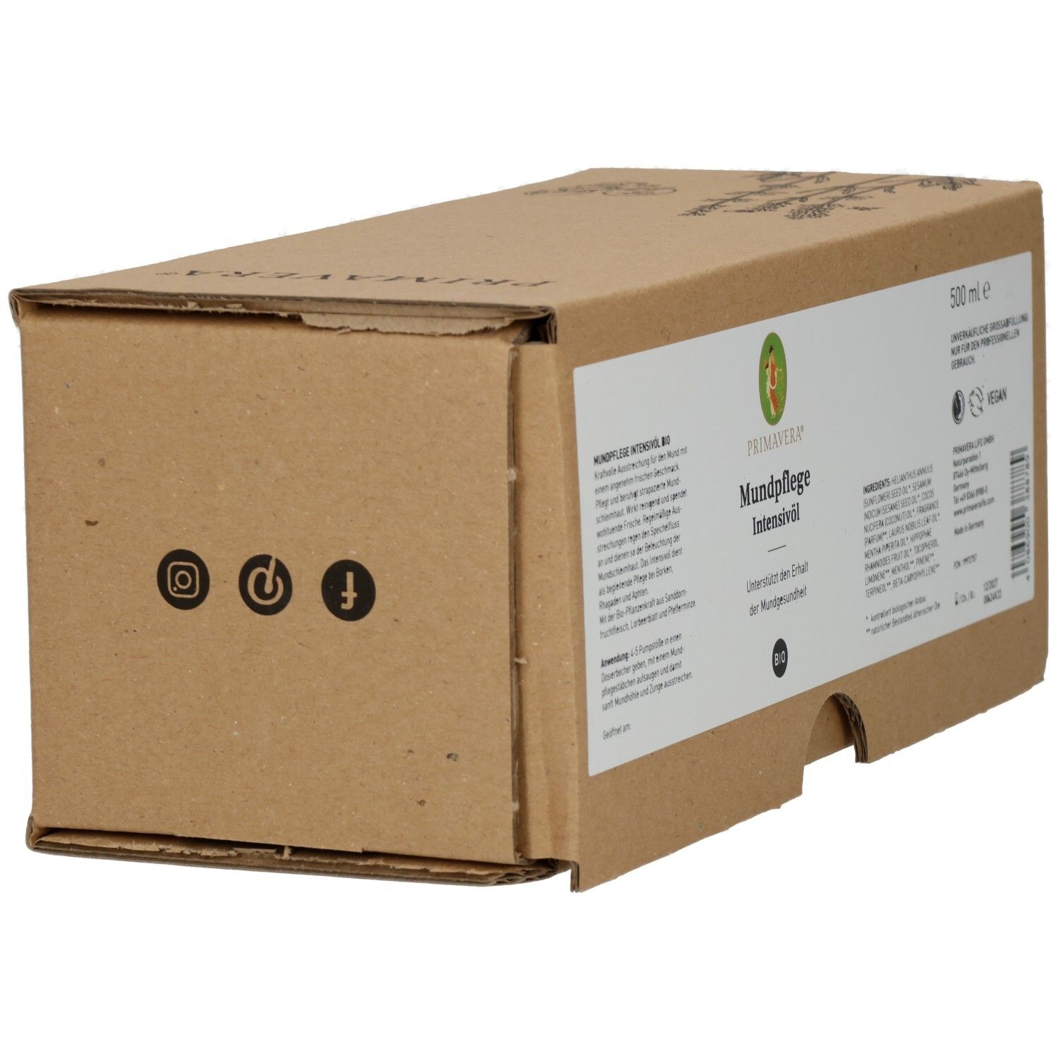 Braune Pappverpackung mit weißem Etikett. Aufschrift: MUNDPFLEGE INTENSIVÖL. Social-Media-Icons. Vegan-Siegel. 500 ml.