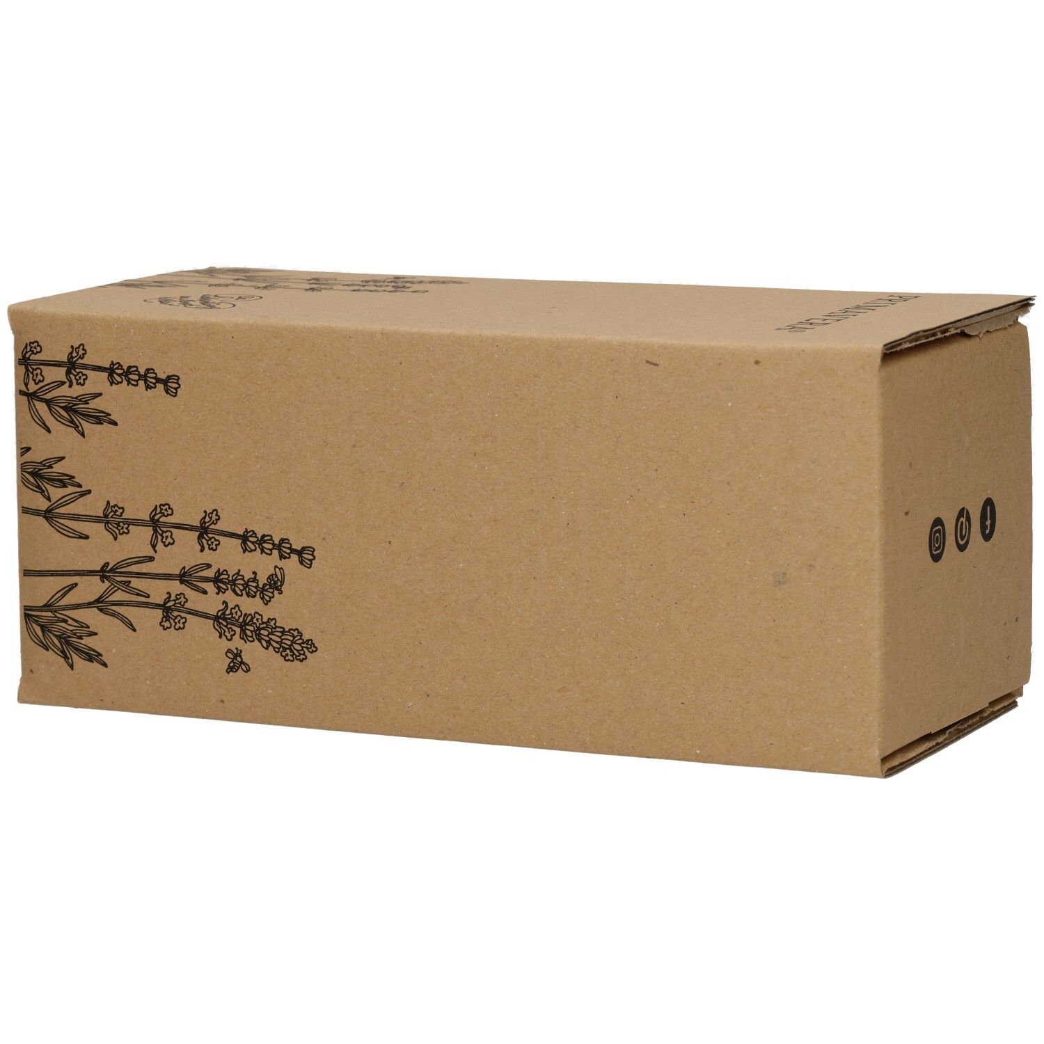 Braune Pappverpackung mit floralen Illustrationen. Auf der Oberseite und Ecke. Keine Produktbezeichnung sichtbar.