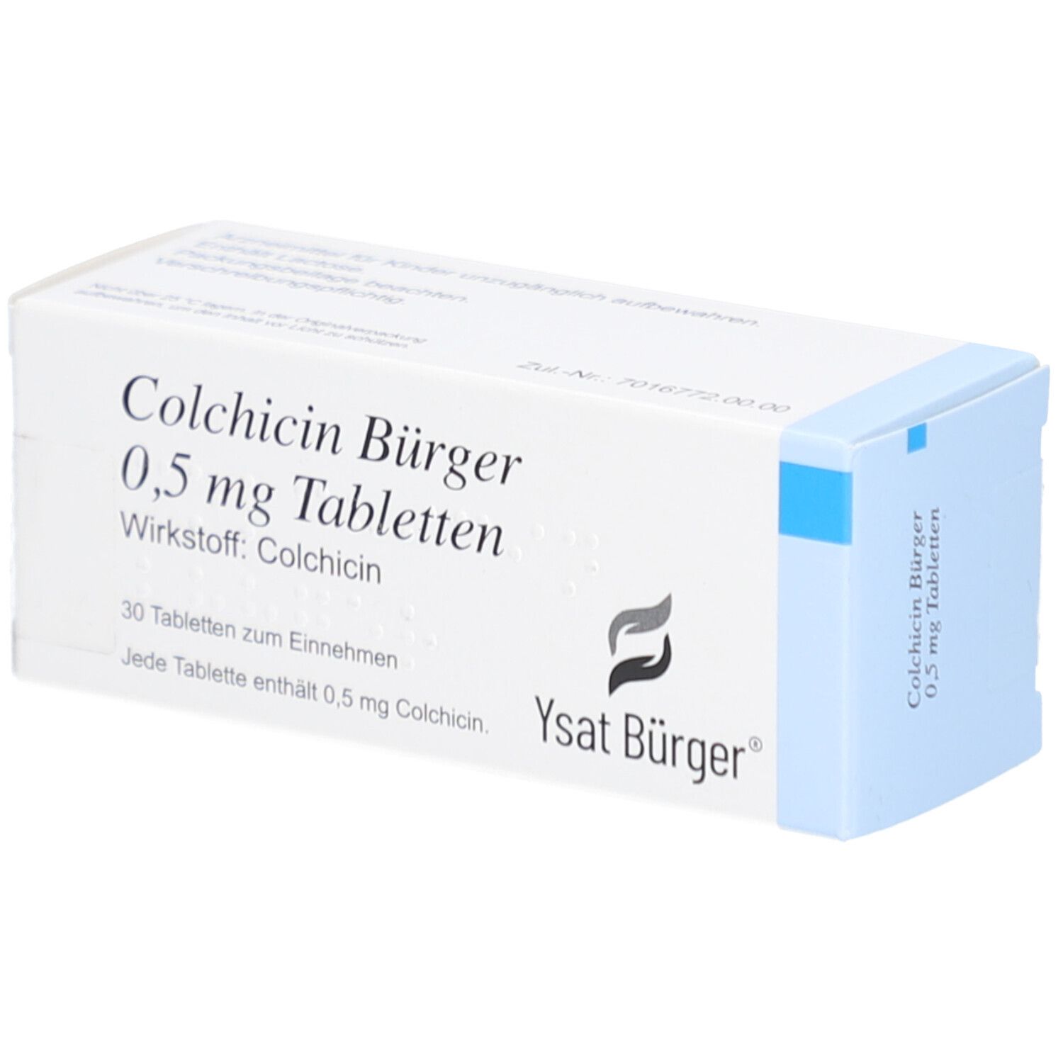 Schachtel mit COLCHICIN Bürger 0,5 mg Tabletten. Aufschrift: 30 Tabletten, Wirkstoff: Colchicin. Ysat Bürger Logo.