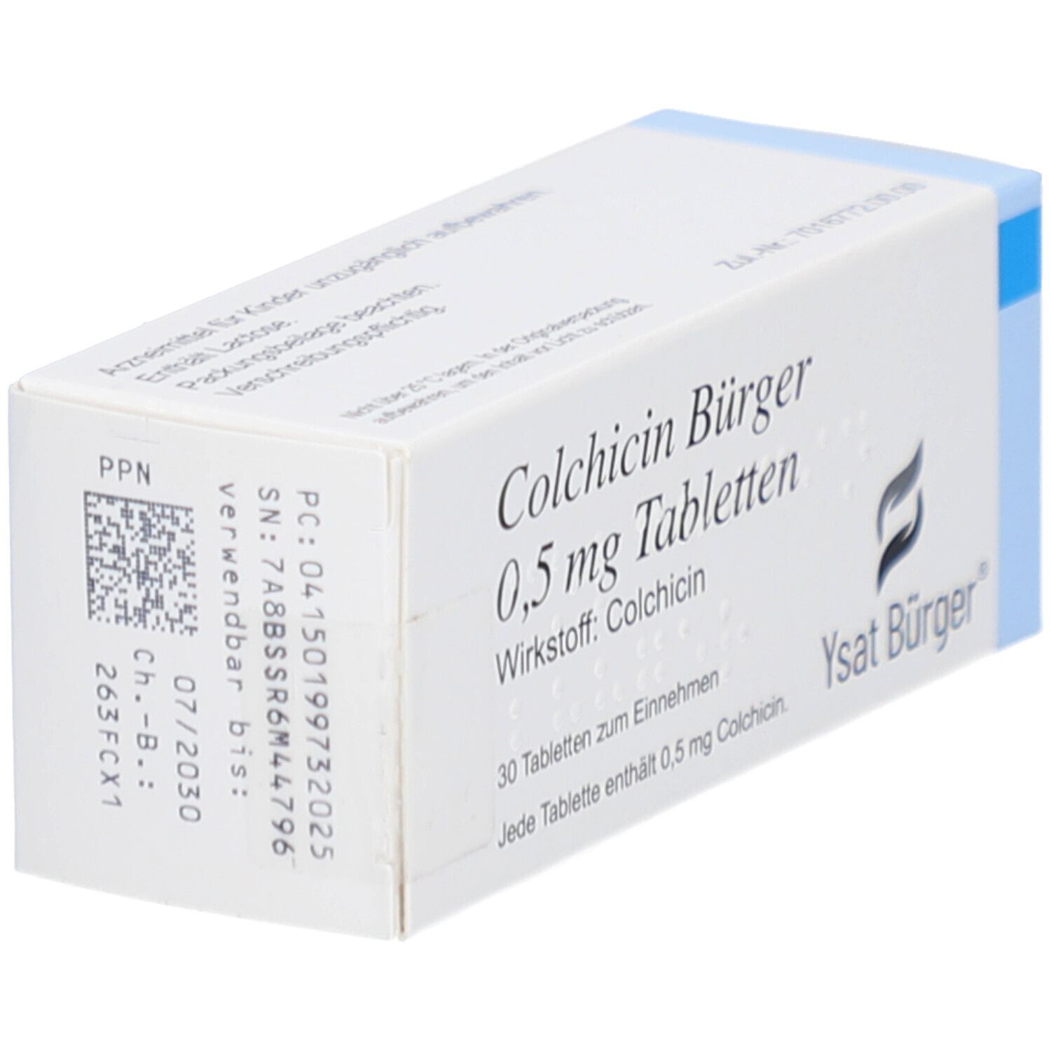 Schachtel COLCHICIN Bürger 0,5 mg Tabletten. Aufschrift: 30 Tabletten, Wirkstoff: Colchicin. Ysat Bürger Logo. Rückseite mit Code.