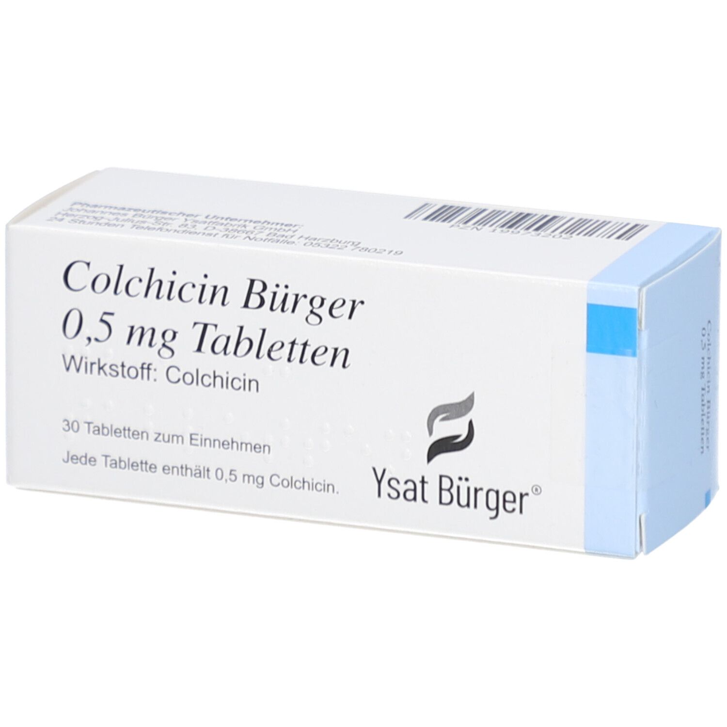Schachtel mit COLCHICIN Bürger 0,5 mg Tabletten. Aufschrift: 30 Tabletten, Wirkstoff: Colchicin. Ysat Bürger Logo.